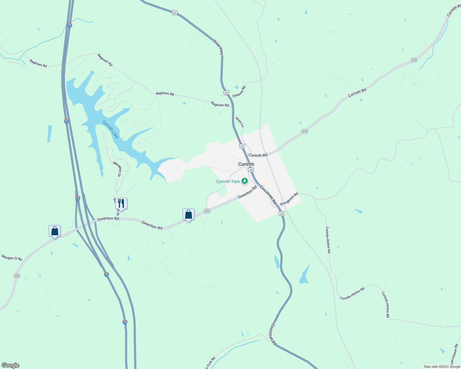 map of restaurants, bars, coffee shops, grocery stores, and more near 325 Old Corinth Owenton Road in Corinth