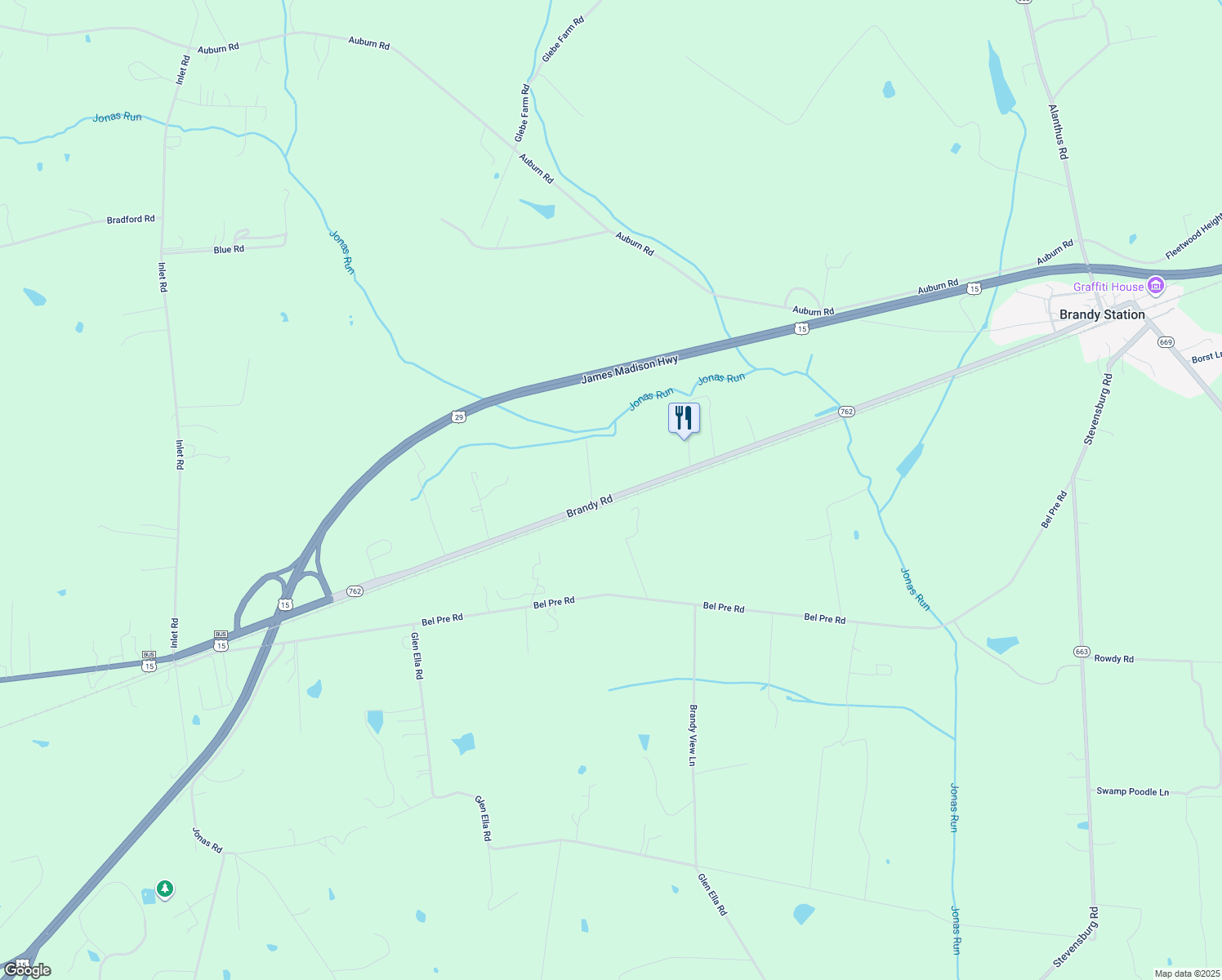 map of restaurants, bars, coffee shops, grocery stores, and more near 18173 Brandy Road in Culpeper