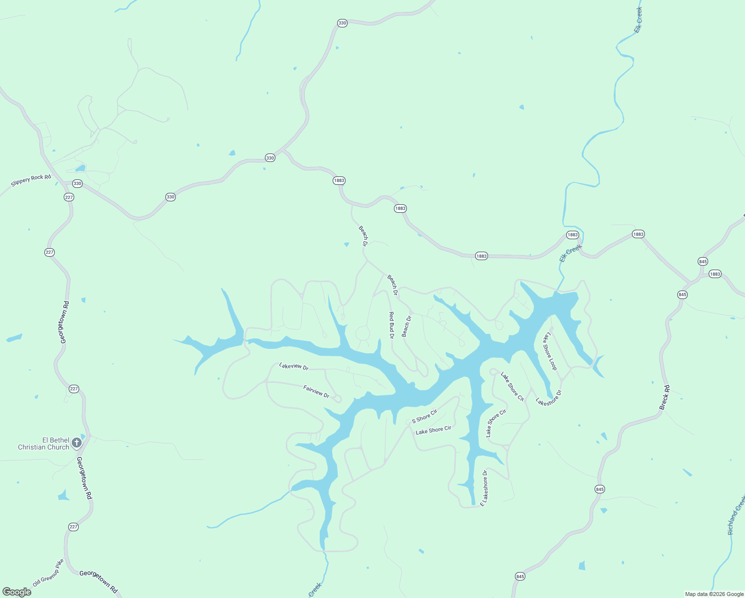 map of restaurants, bars, coffee shops, grocery stores, and more near Hillcrest Dr in Owenton