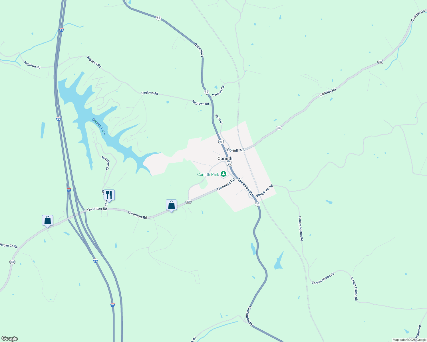 map of restaurants, bars, coffee shops, grocery stores, and more near 325 Old Corinth Owenton Road in Corinth