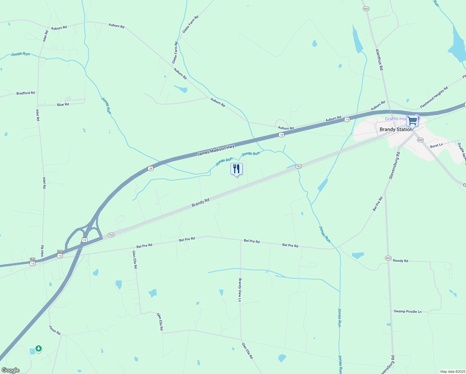 map of restaurants, bars, coffee shops, grocery stores, and more near 18281 Brandy Road in Culpeper