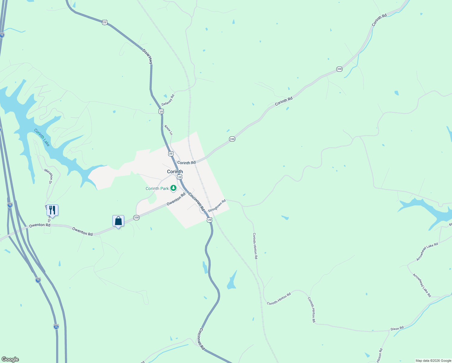 map of restaurants, bars, coffee shops, grocery stores, and more near 270 Stringtown Road in Corinth