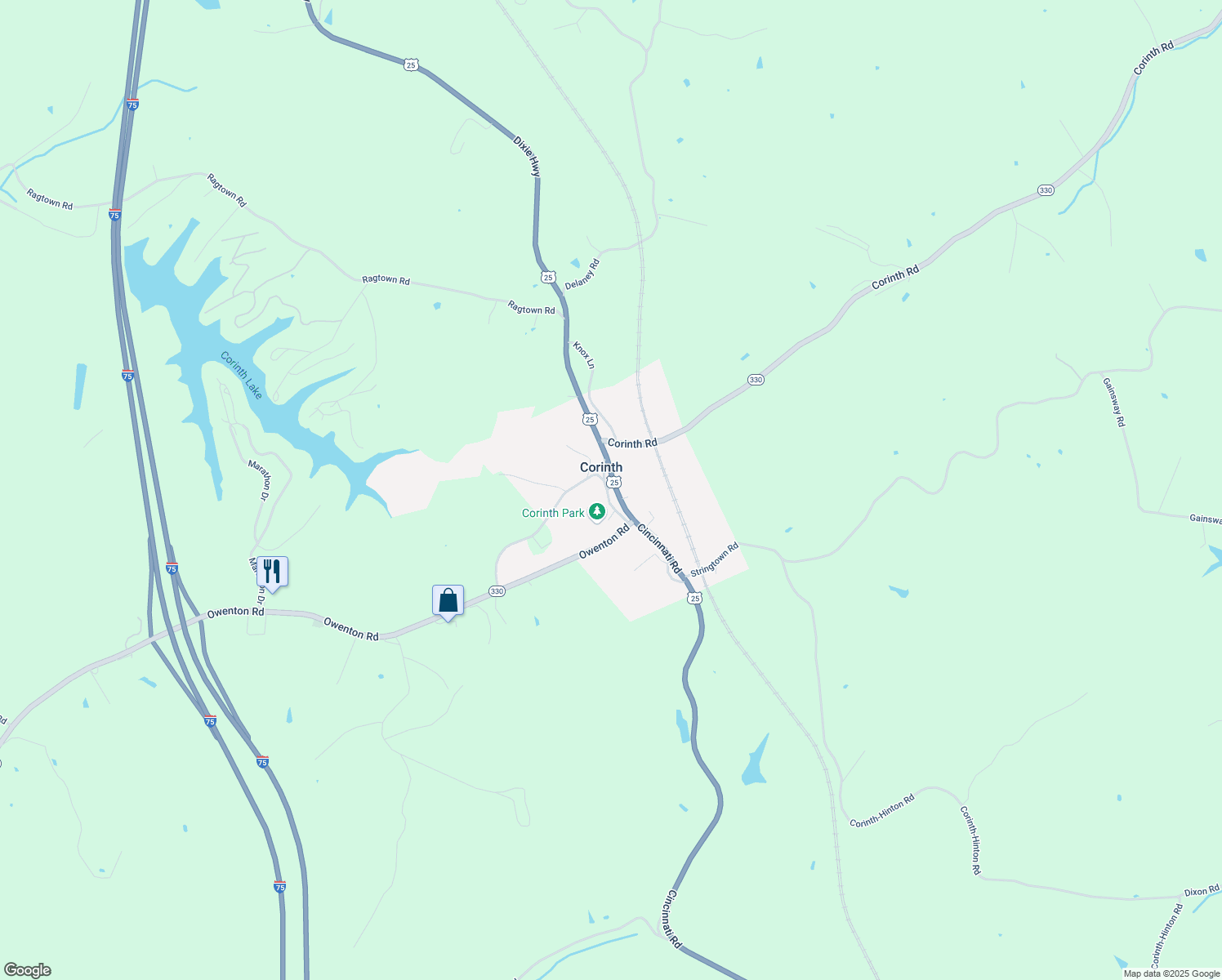 map of restaurants, bars, coffee shops, grocery stores, and more near in Corinth