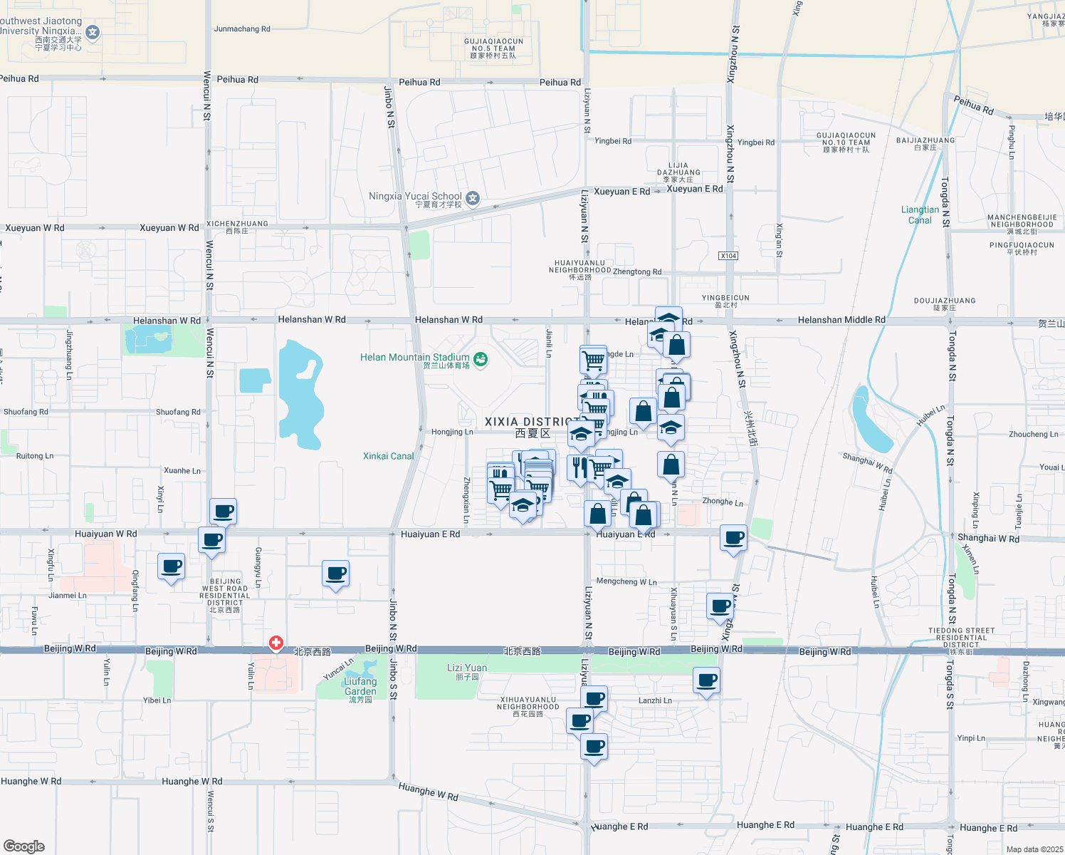 map of restaurants, bars, coffee shops, grocery stores, and more near in Yinchuan