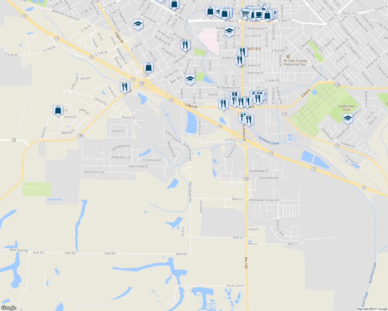 map of restaurants, bars, coffee shops, grocery stores, and more near 1428 State Street Road in Belleville