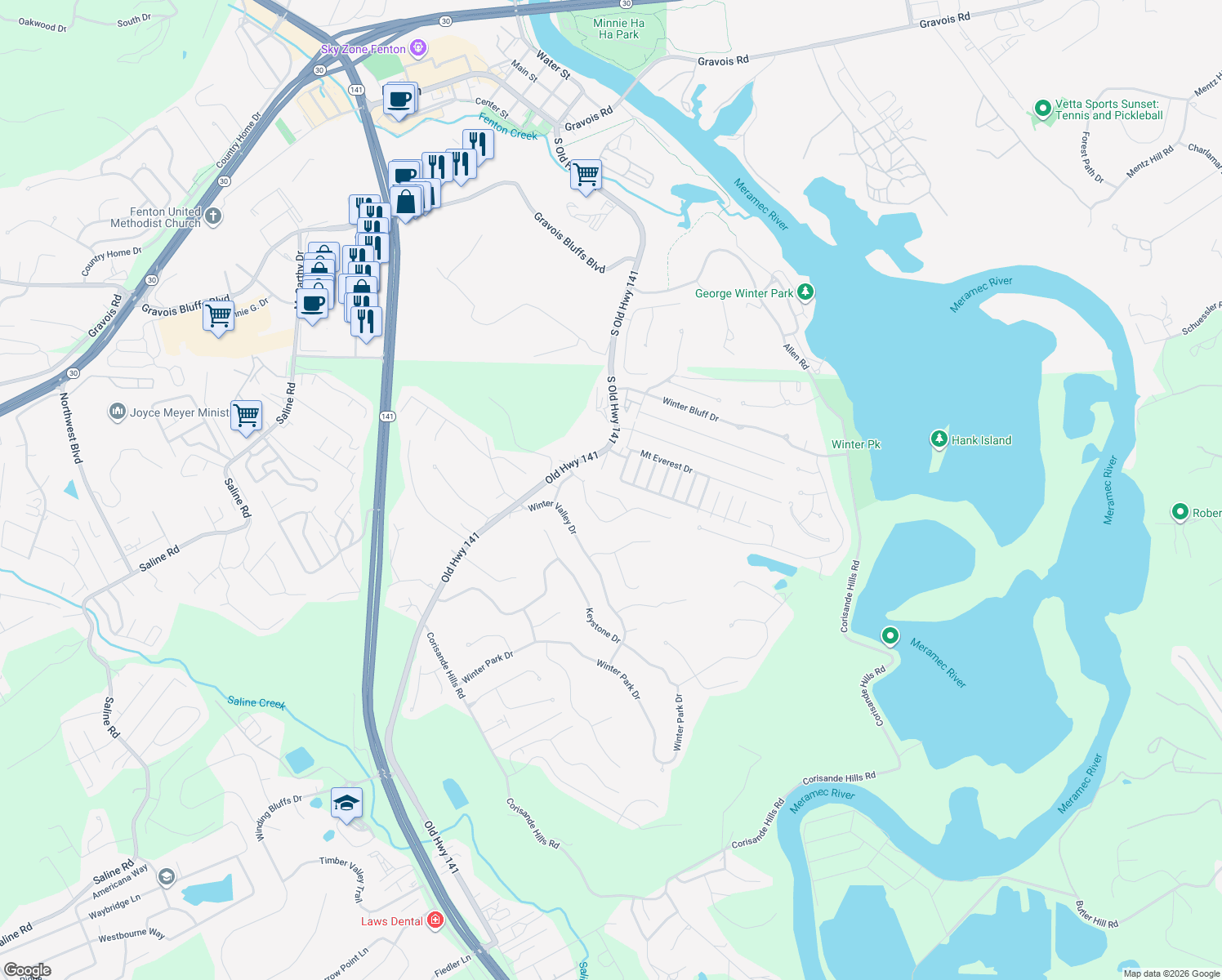 map of restaurants, bars, coffee shops, grocery stores, and more near 125 Fenton Park Court in Fenton