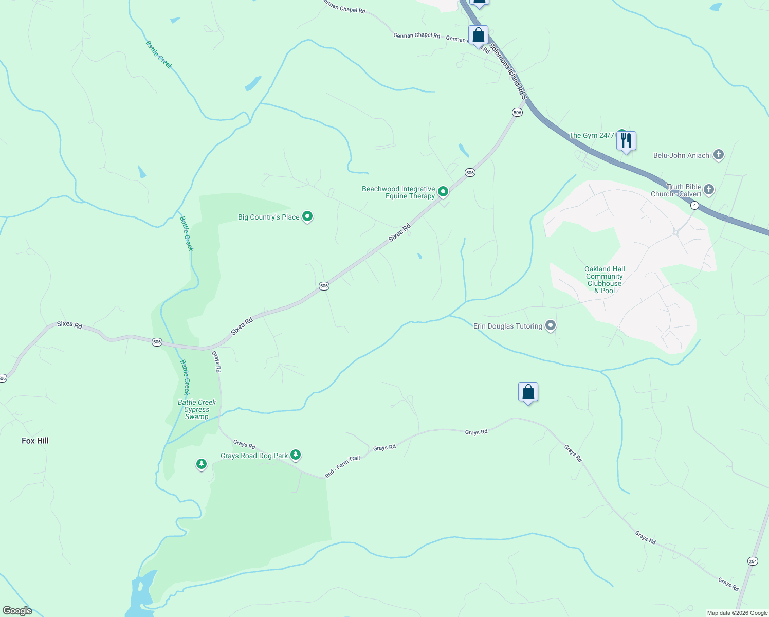 map of restaurants, bars, coffee shops, grocery stores, and more near 2384 Sixes Road in Prince Frederick