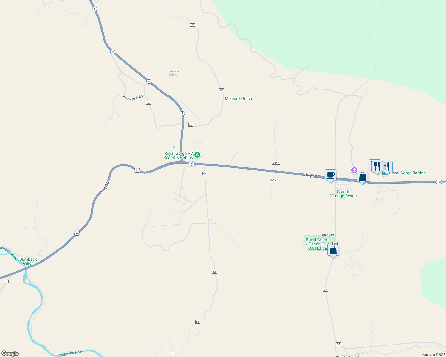 map of restaurants, bars, coffee shops, grocery stores, and more near 43754 U.S. 50 in Cañon City