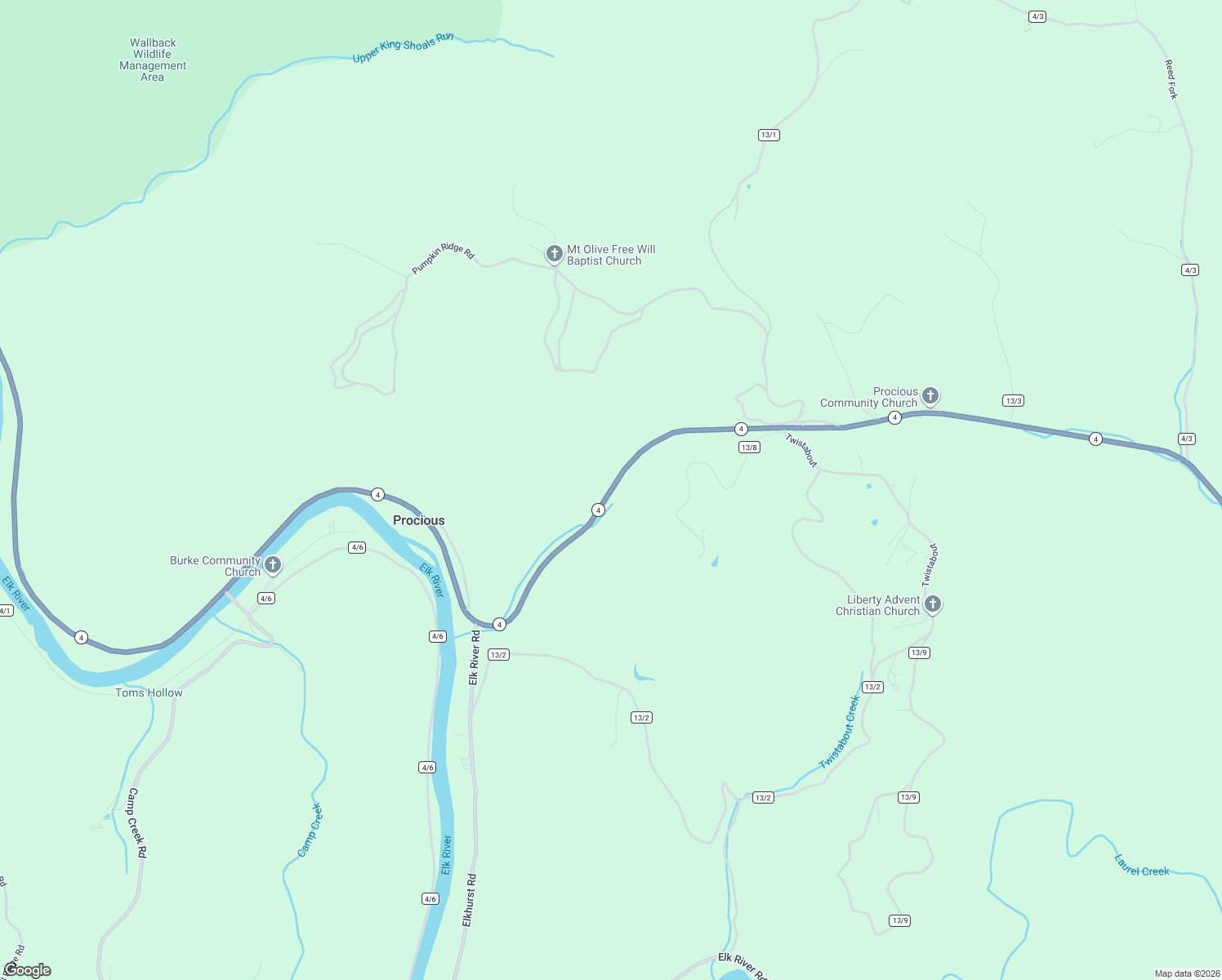 map of restaurants, bars, coffee shops, grocery stores, and more near West Virginia 4 in Procious