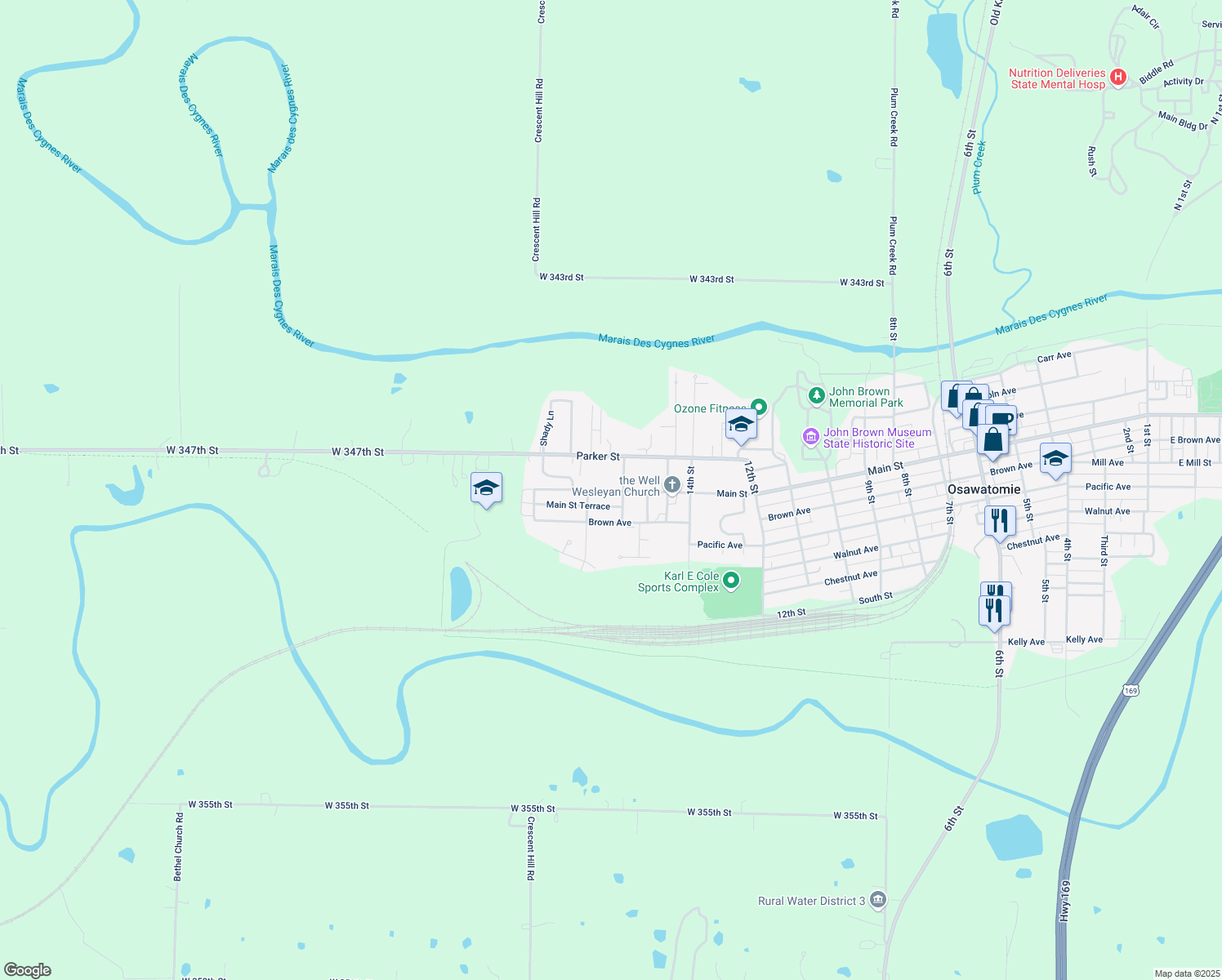 map of restaurants, bars, coffee shops, grocery stores, and more near 1632 Main Street in Osawatomie