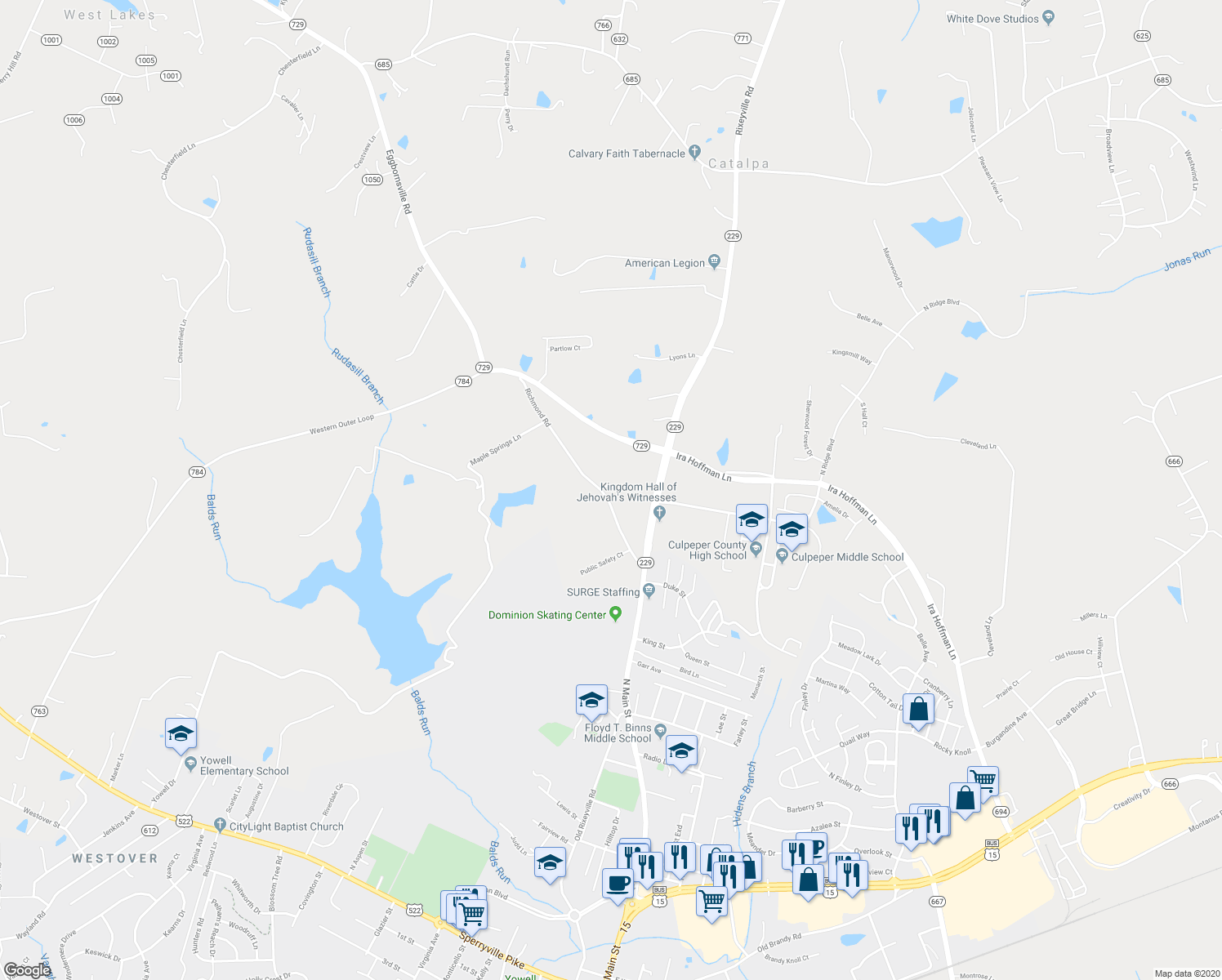 map of restaurants, bars, coffee shops, grocery stores, and more near 15073 Richmond Road in Culpeper