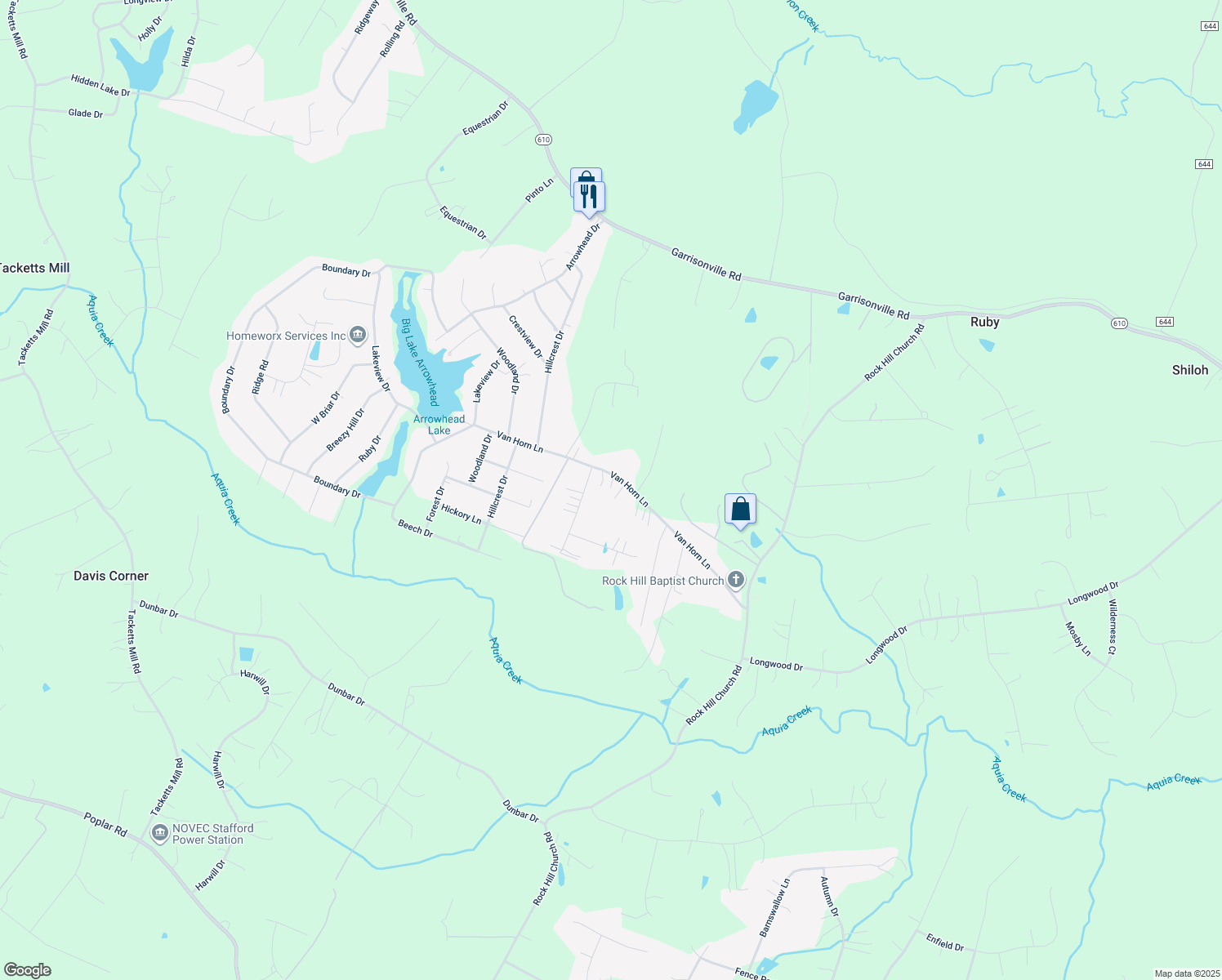 map of restaurants, bars, coffee shops, grocery stores, and more near 131 Van Horn Lane in Stafford