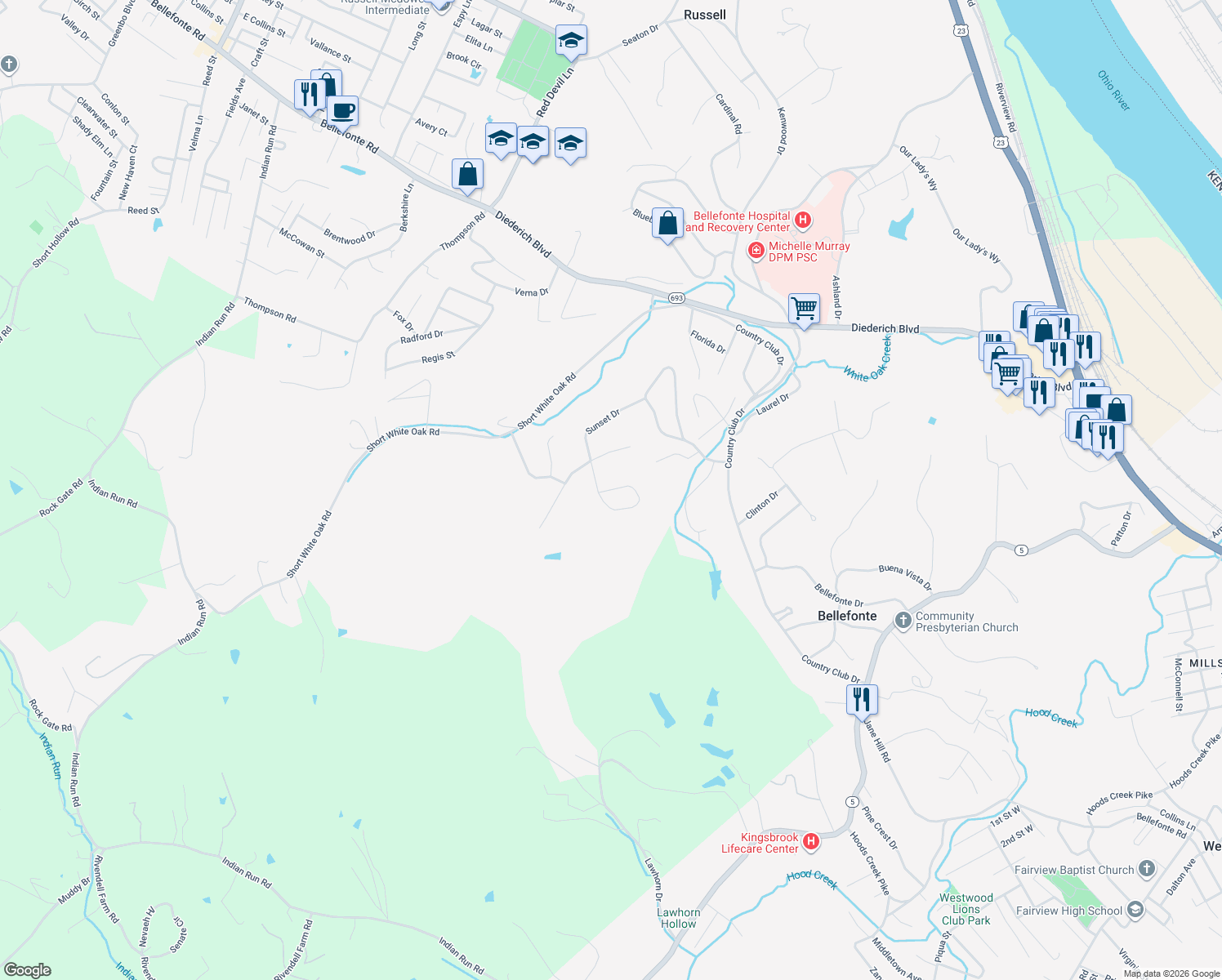 map of restaurants, bars, coffee shops, grocery stores, and more near 611 Sunset Drive in Ashland