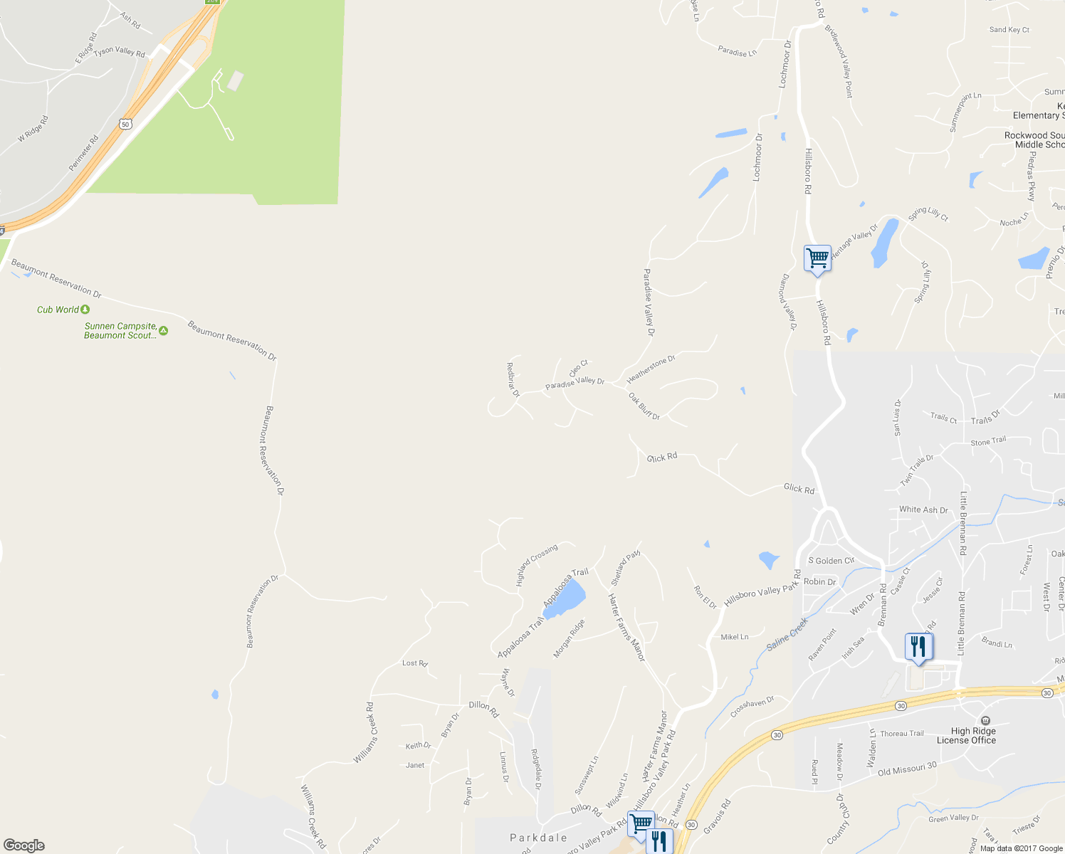 map of restaurants, bars, coffee shops, grocery stores, and more near 1619 Creightonwood Court in High Ridge