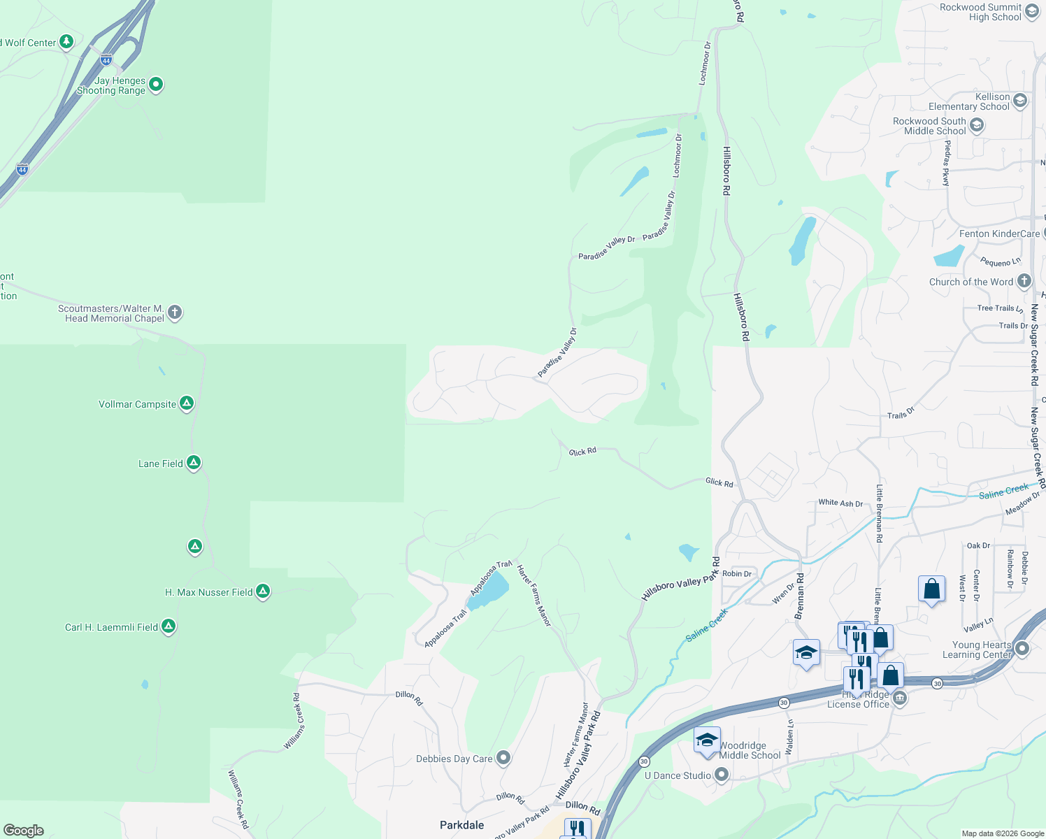 map of restaurants, bars, coffee shops, grocery stores, and more near 1635 Rockfern Drive in High Ridge