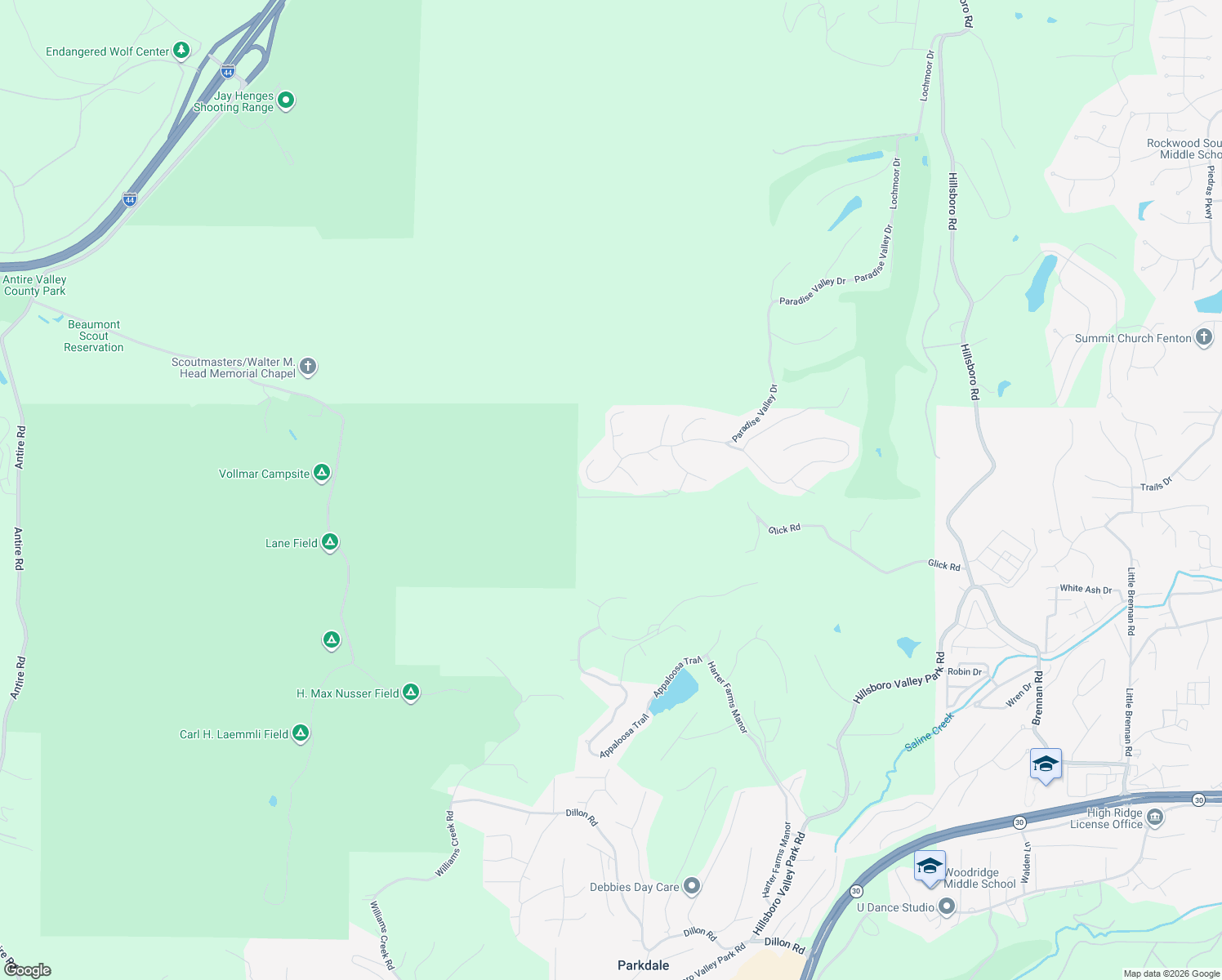 map of restaurants, bars, coffee shops, grocery stores, and more near 1570 Paradise Valley Drive in High Ridge