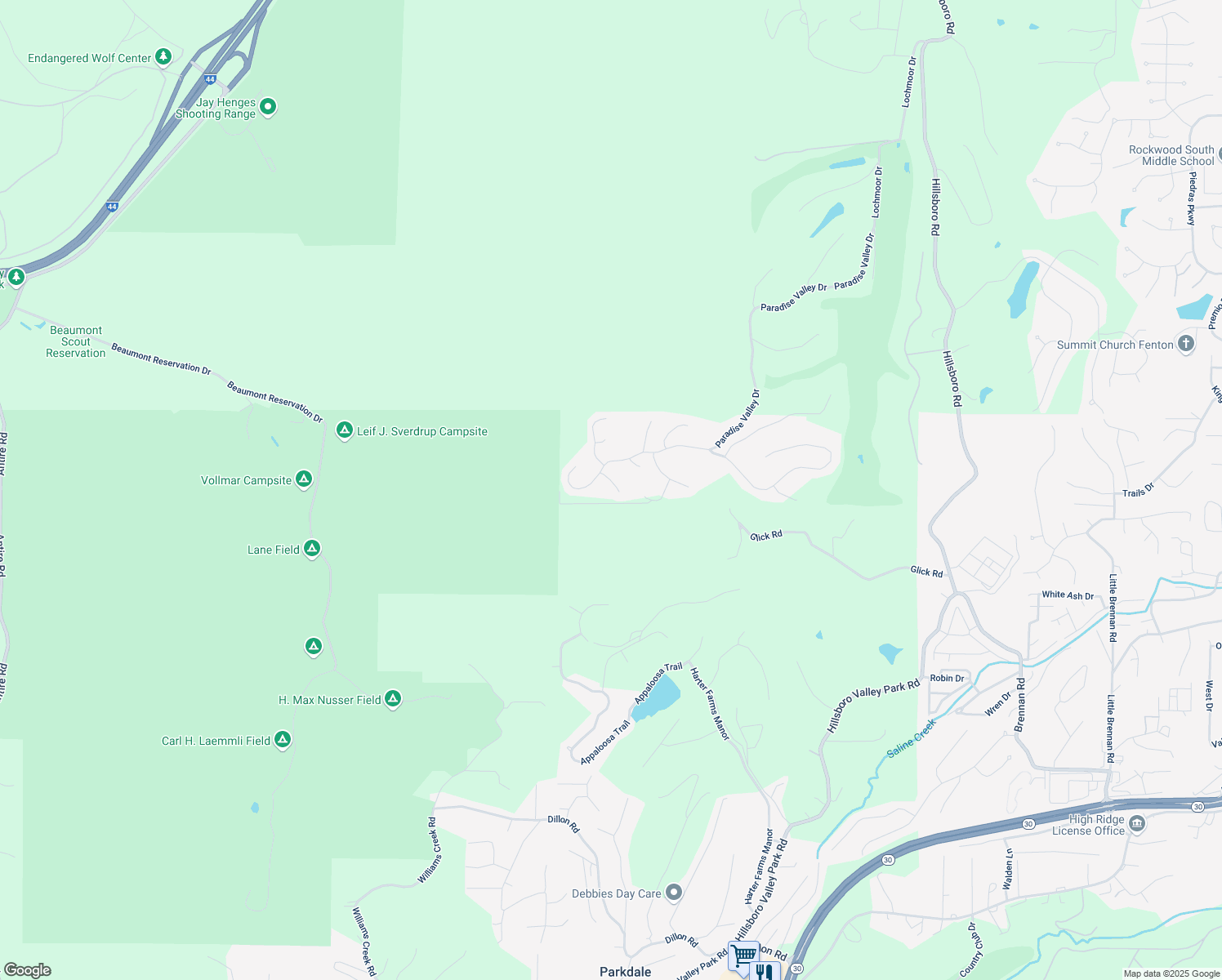 map of restaurants, bars, coffee shops, grocery stores, and more near 1619 Creightonwood Court in High Ridge