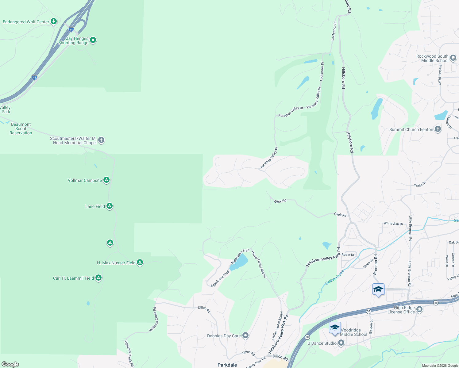 map of restaurants, bars, coffee shops, grocery stores, and more near 1544 Paradise Valley Drive in High Ridge