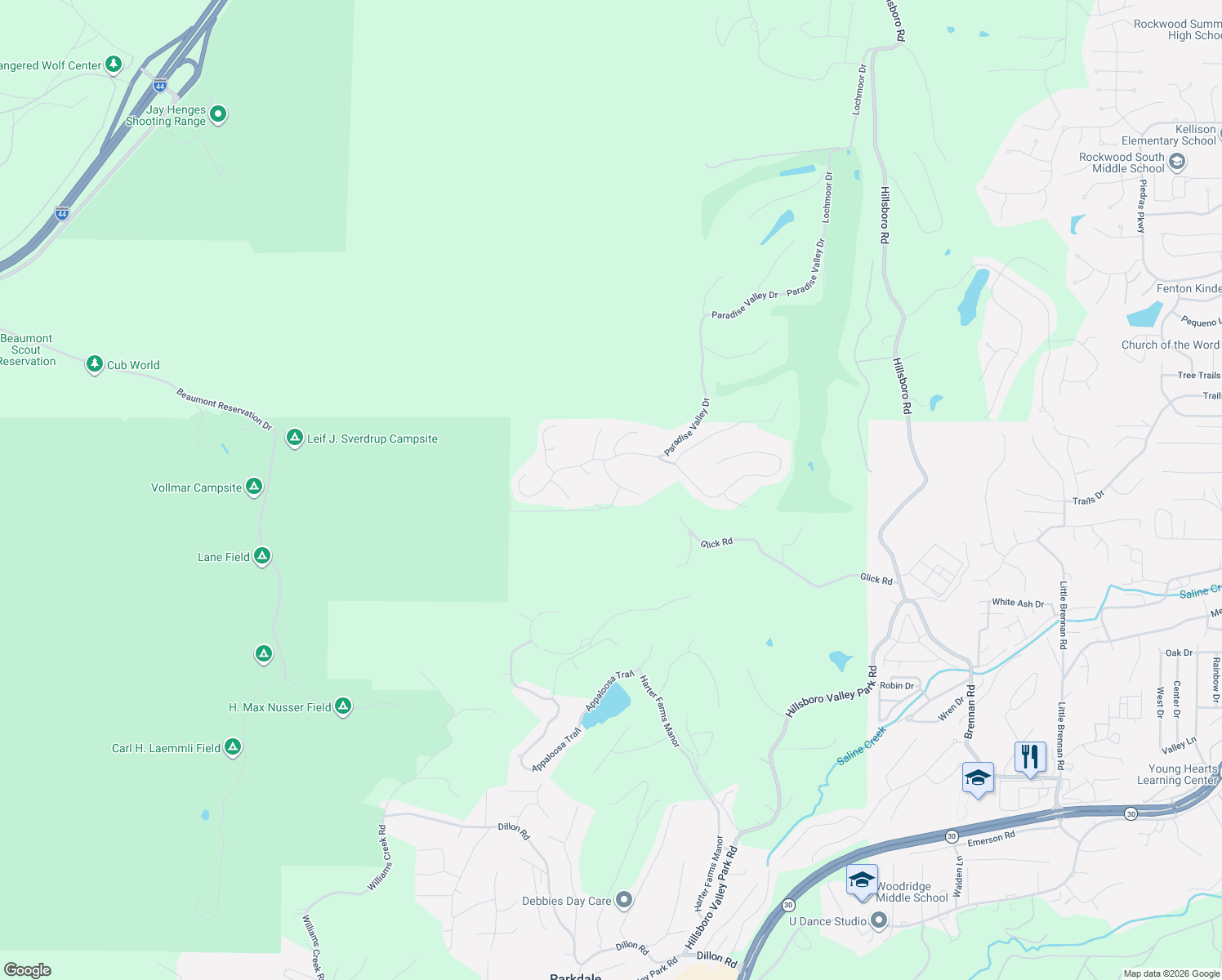 map of restaurants, bars, coffee shops, grocery stores, and more near 1609 Rockfern Drive in High Ridge