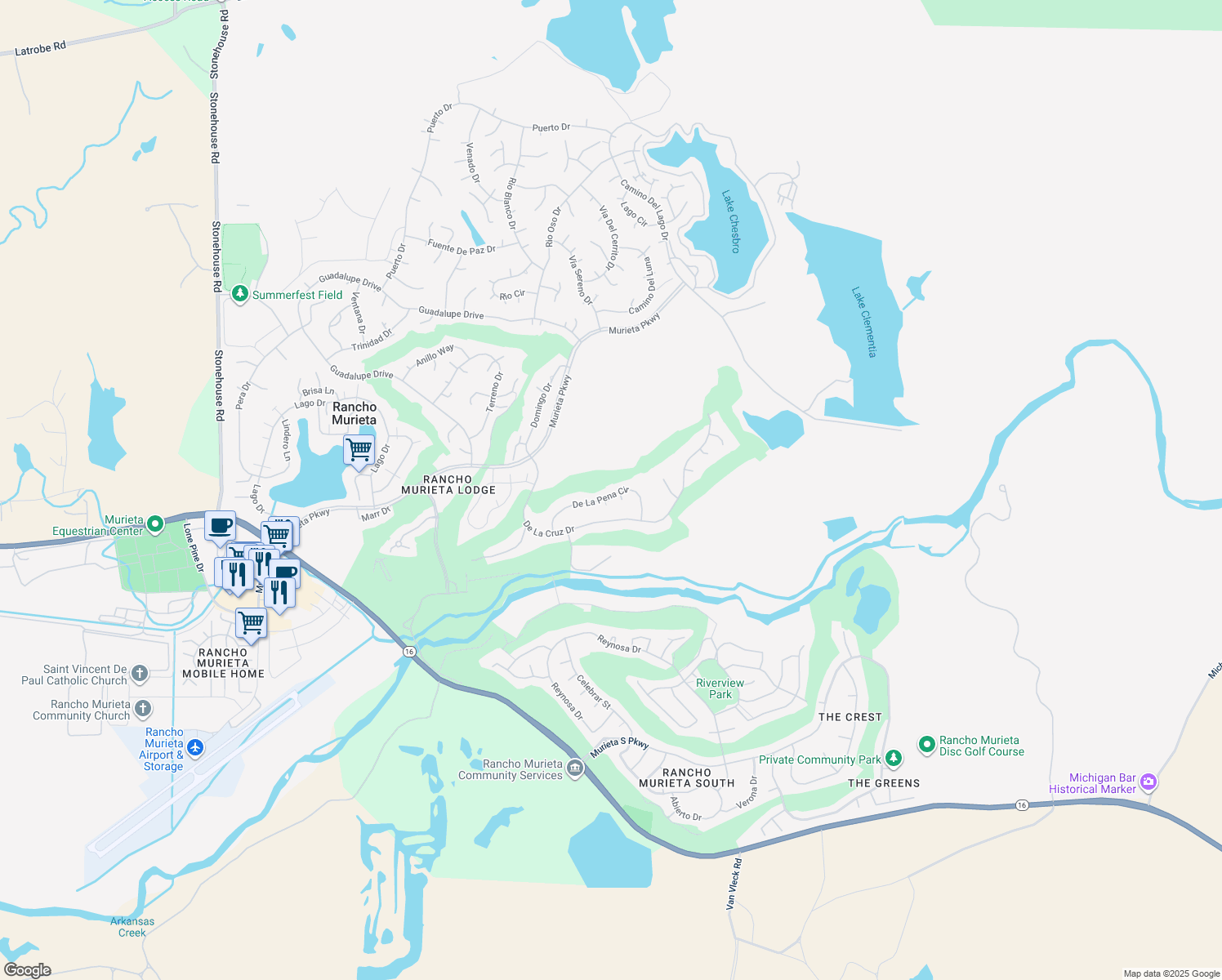 map of restaurants, bars, coffee shops, grocery stores, and more near 15189 De La Pena Circle in Rancho Murieta