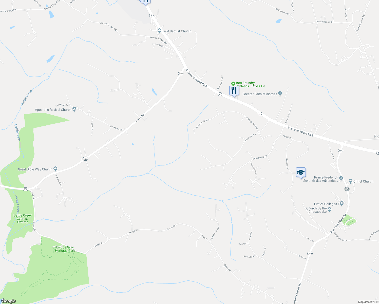 map of restaurants, bars, coffee shops, grocery stores, and more near 2395 Solomons Island Road North in Prince Frederick