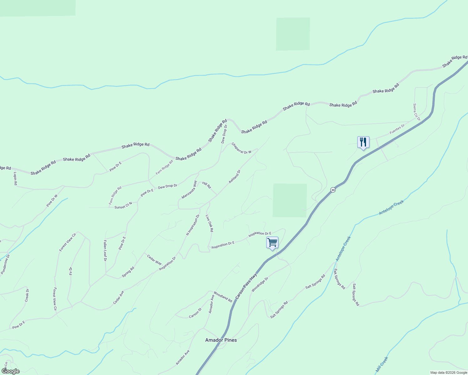 map of restaurants, bars, coffee shops, grocery stores, and more near 27366 Ashland Drive in Pioneer