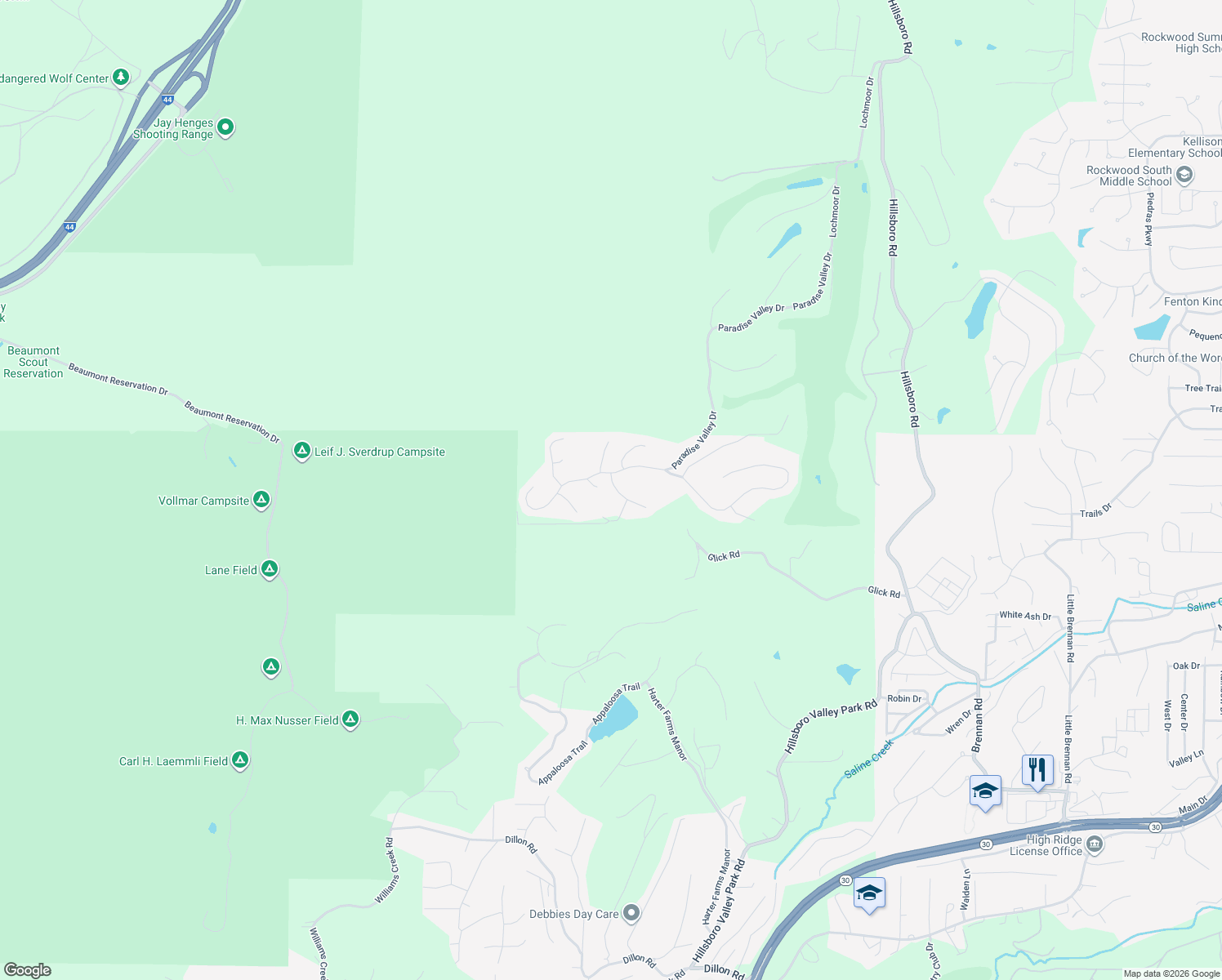 map of restaurants, bars, coffee shops, grocery stores, and more near 1609 Rockfern Drive in High Ridge