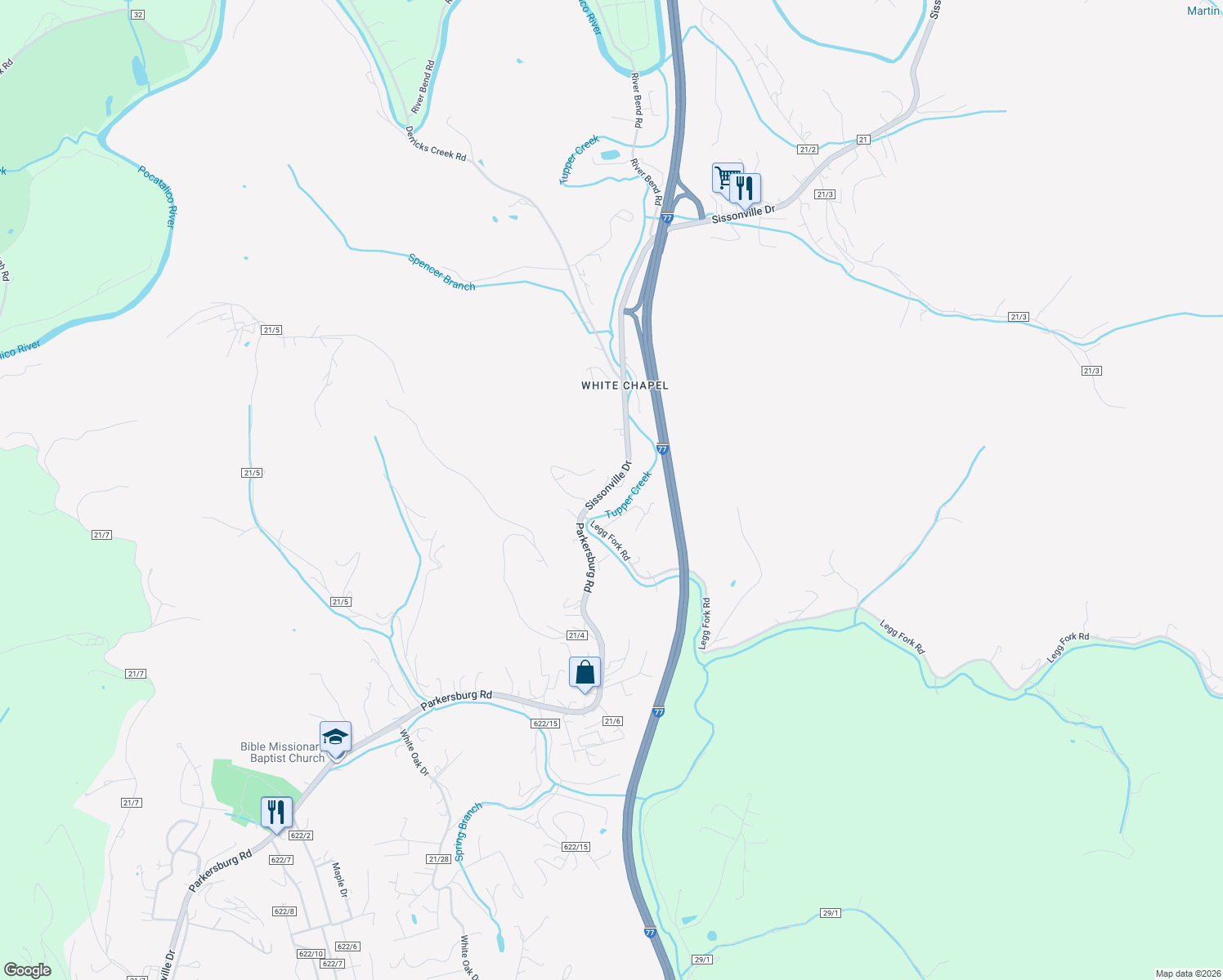 map of restaurants, bars, coffee shops, grocery stores, and more near 7400 Julesberg Road in Sissonville