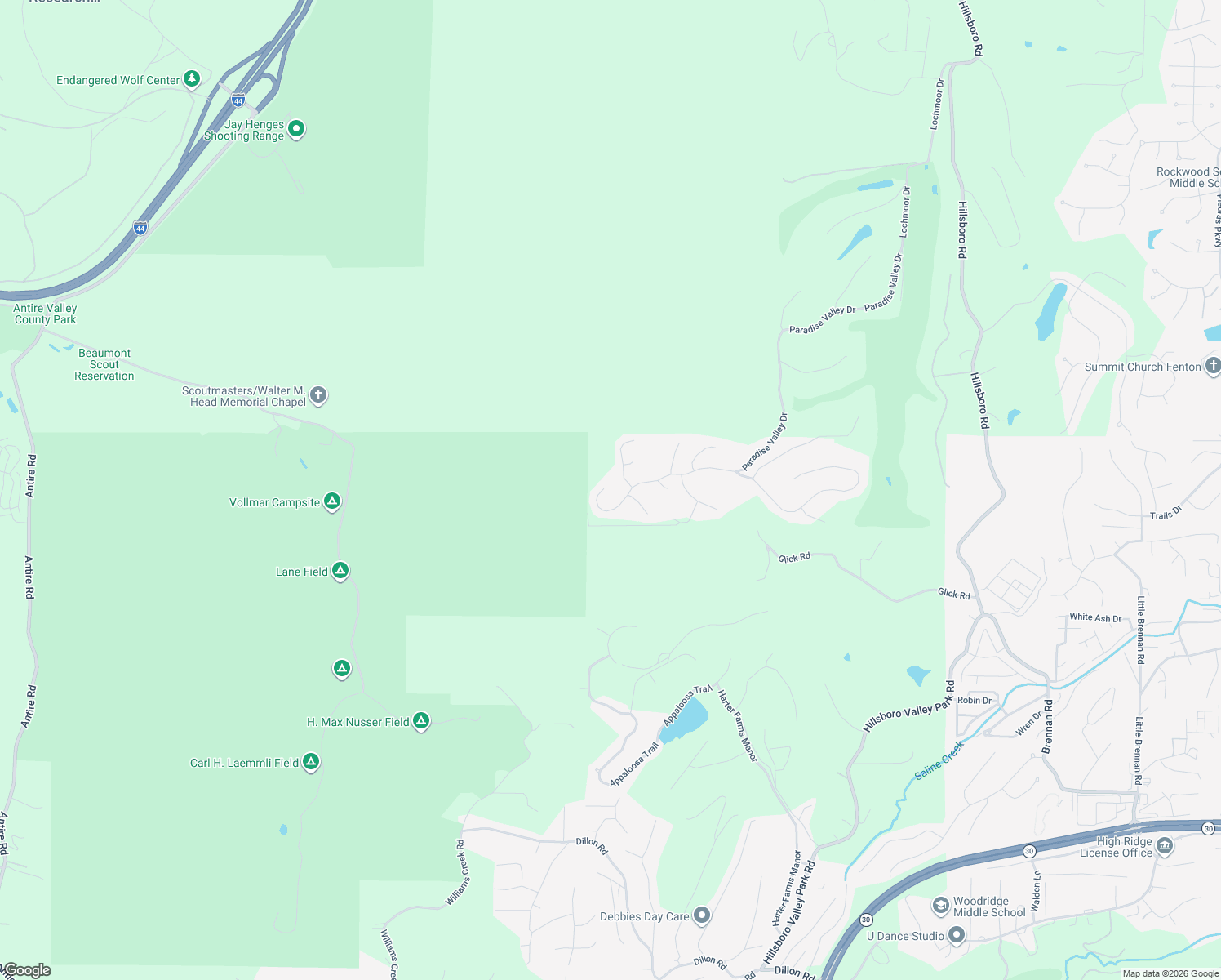 map of restaurants, bars, coffee shops, grocery stores, and more near 1561 Paradise Valley Drive in High Ridge