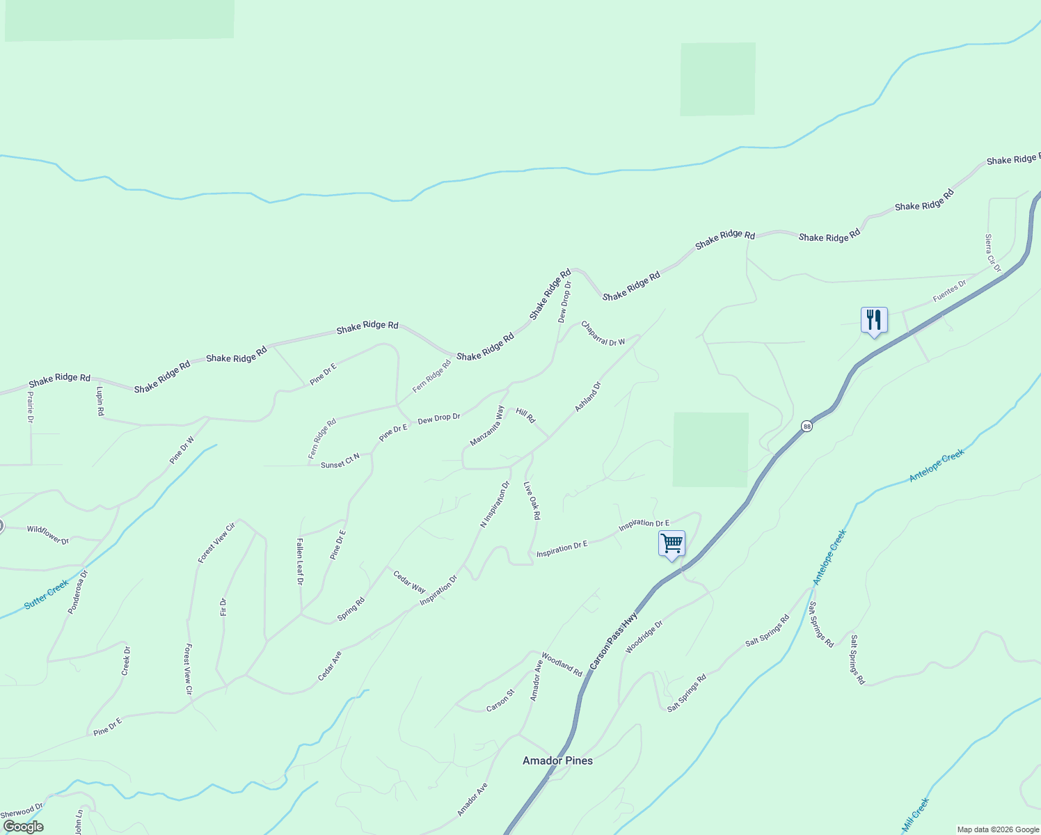 map of restaurants, bars, coffee shops, grocery stores, and more near 27197 Hill Road in Pioneer