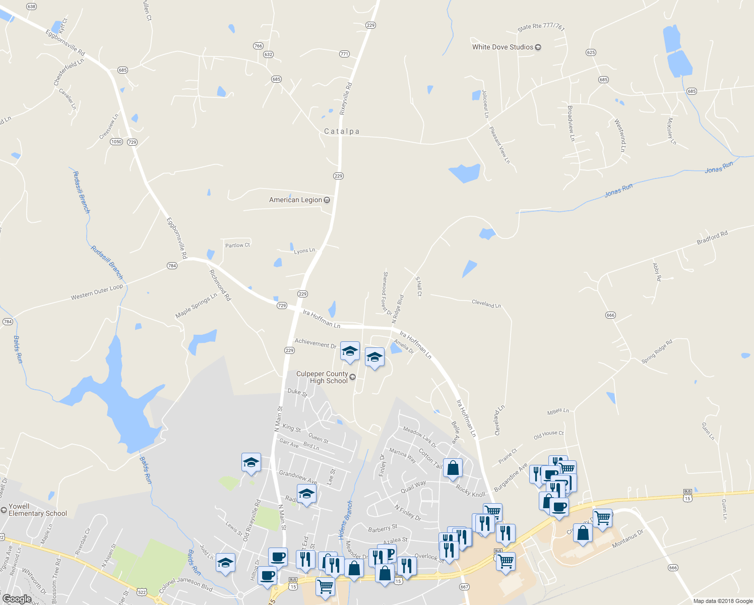 map of restaurants, bars, coffee shops, grocery stores, and more near 12507 Sherwood Forest Drive in Culpeper