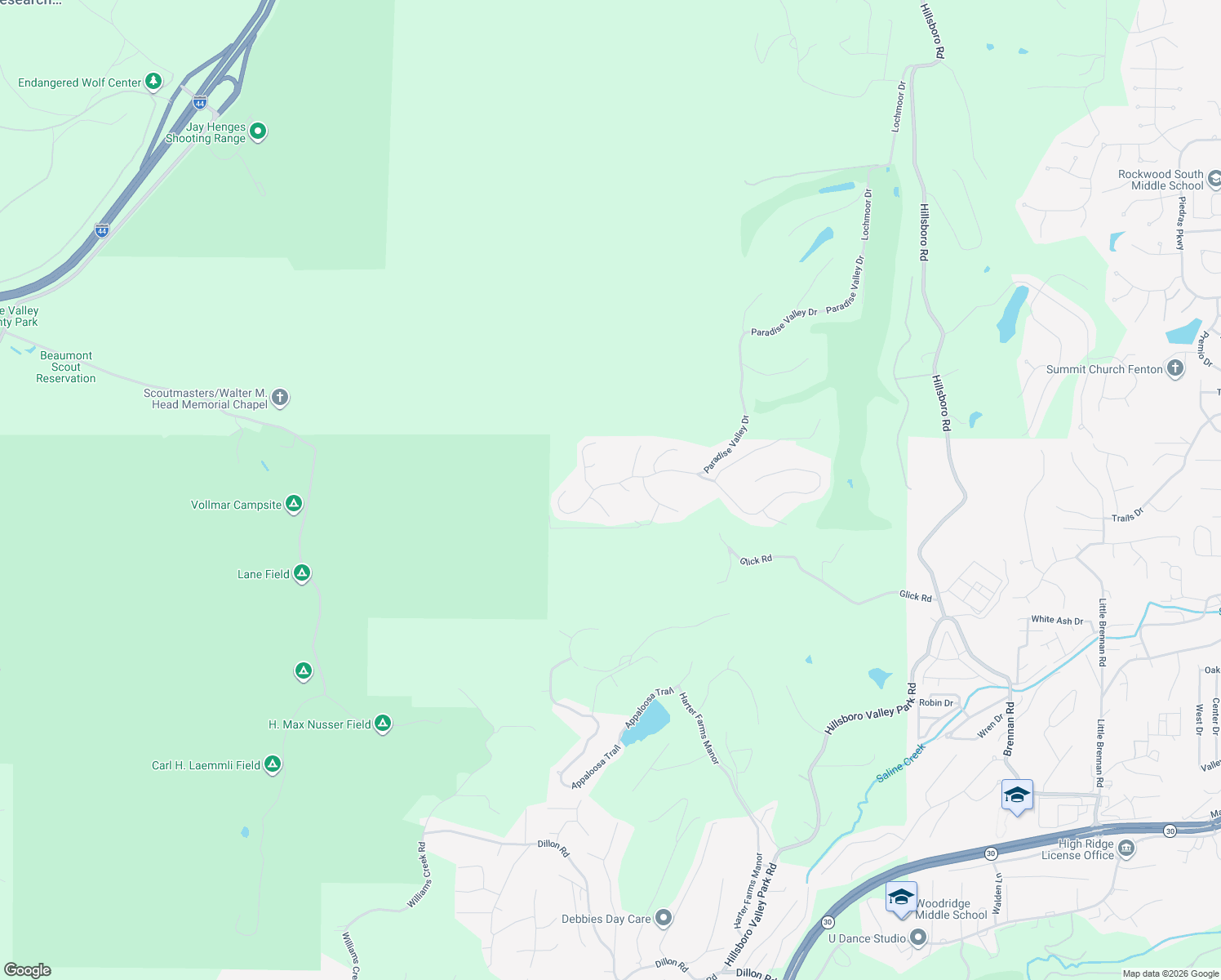 map of restaurants, bars, coffee shops, grocery stores, and more near 1544 Paradise Valley Drive in High Ridge
