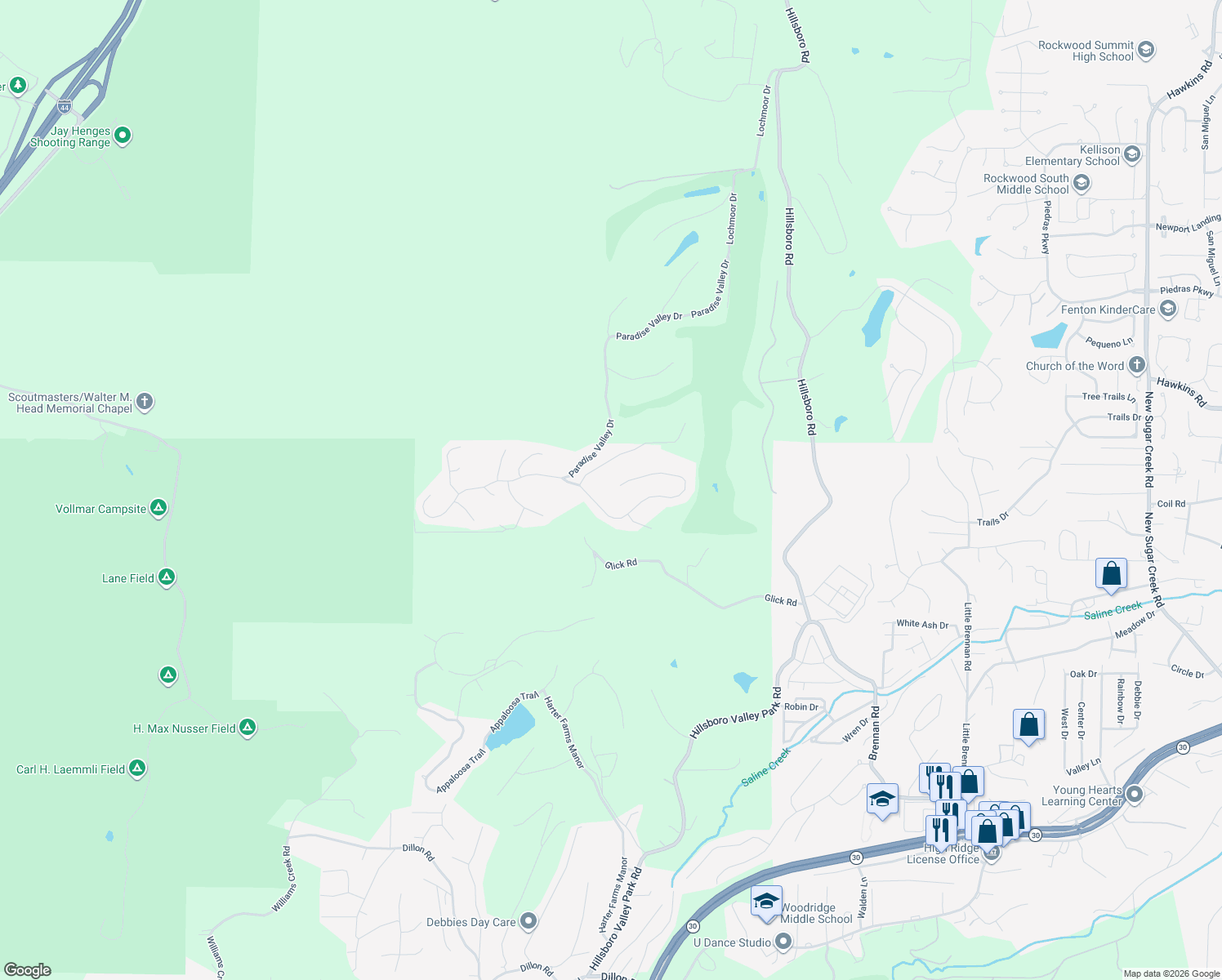 map of restaurants, bars, coffee shops, grocery stores, and more near 4955 Oak Bluff Drive in High Ridge