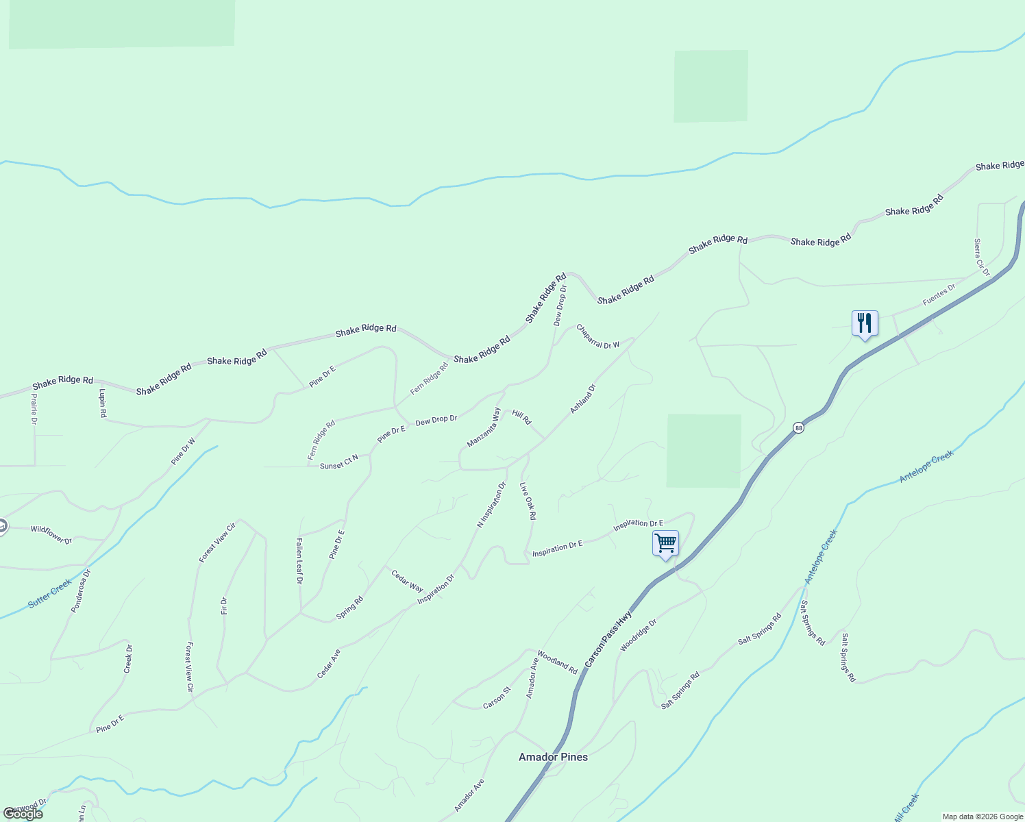 map of restaurants, bars, coffee shops, grocery stores, and more near 27197 Hill Road in Pioneer