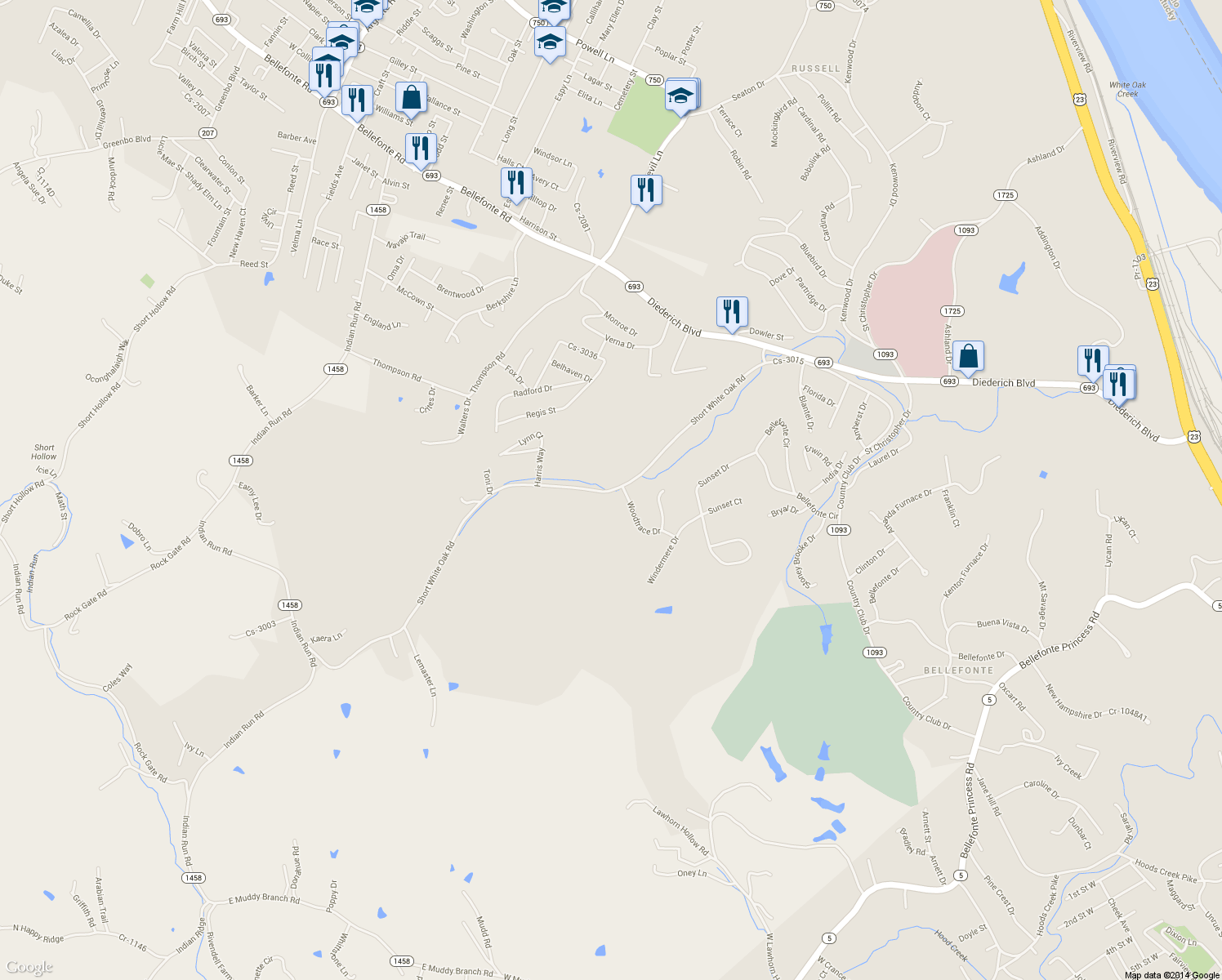 map of restaurants, bars, coffee shops, grocery stores, and more near 601 Short White Oak Rd in Russell