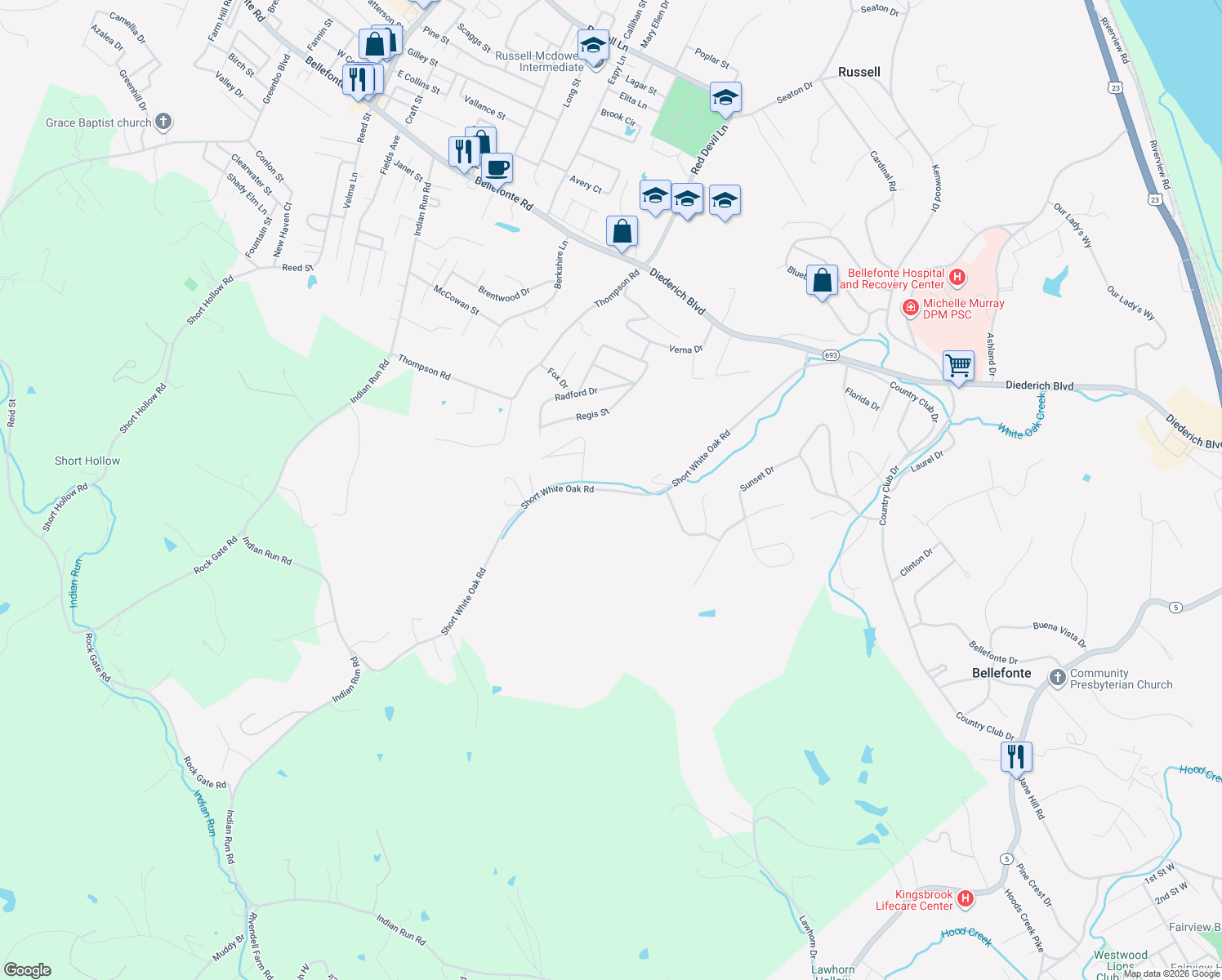 map of restaurants, bars, coffee shops, grocery stores, and more near 308 Short White Oak Rd in Russell
