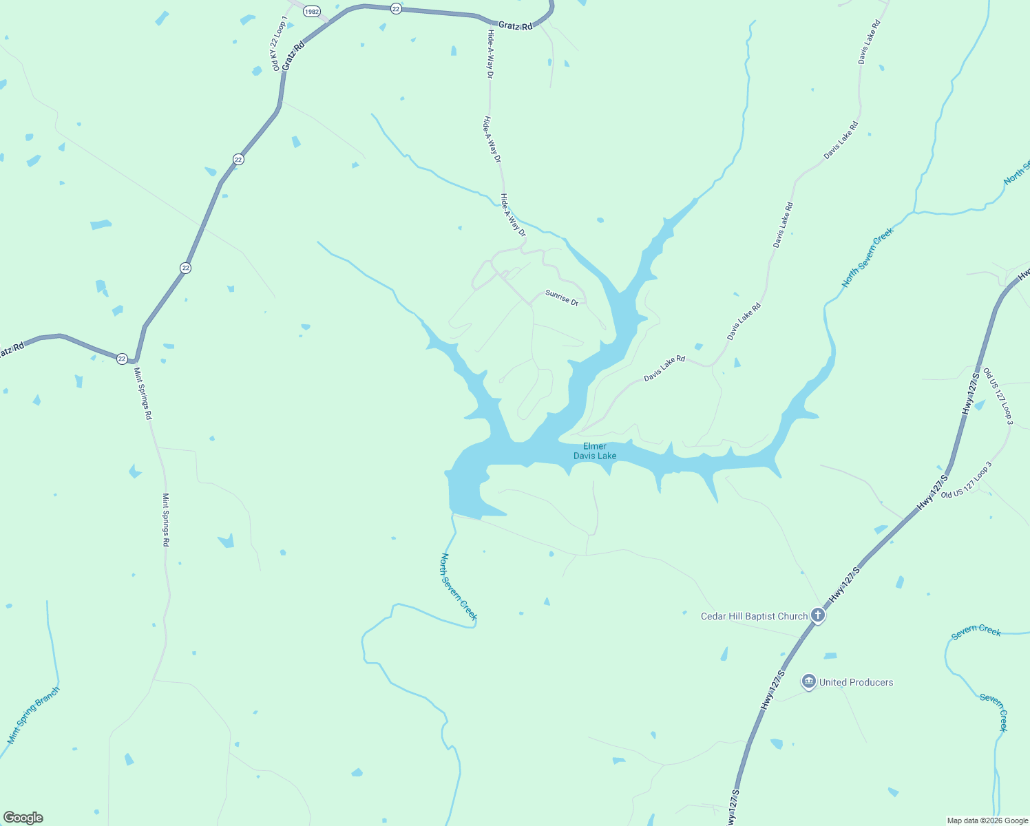 map of restaurants, bars, coffee shops, grocery stores, and more near 1590 Hide-A-Way Drive in Owenton