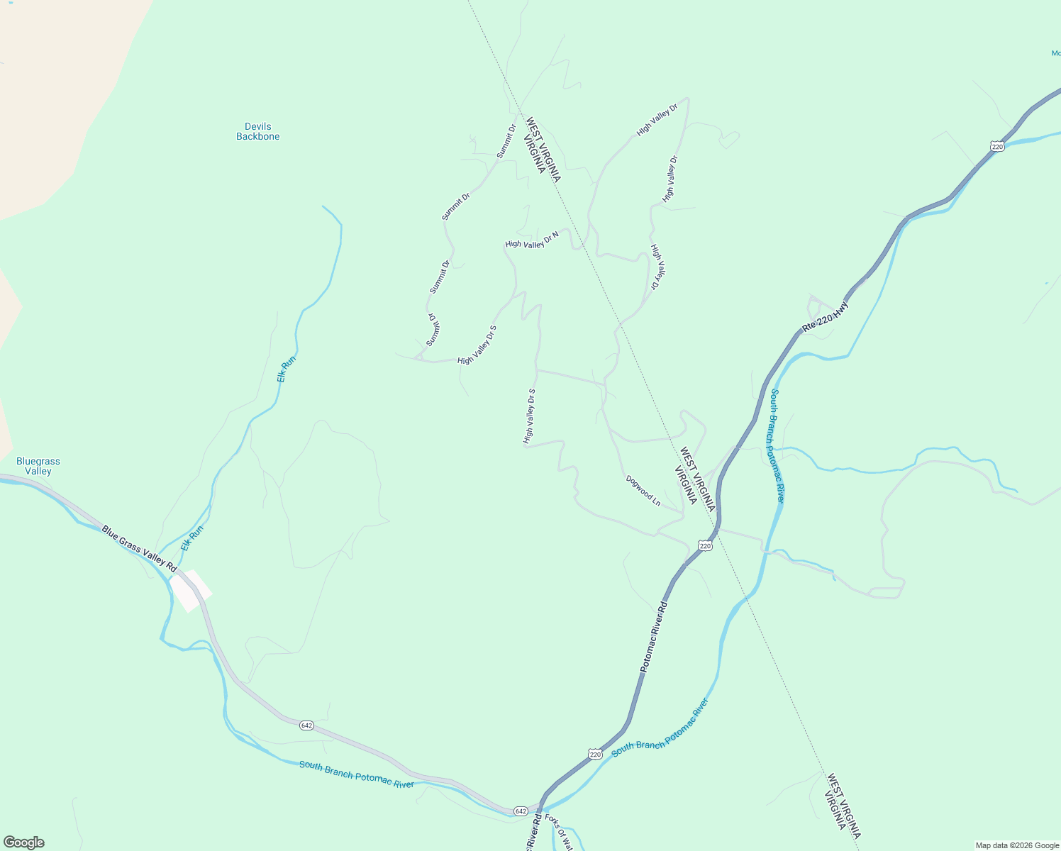 map of restaurants, bars, coffee shops, grocery stores, and more near High Valley Drive South in Highland County