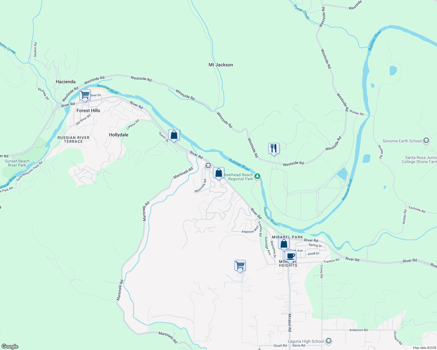 map of restaurants, bars, coffee shops, grocery stores, and more near 9289 Old River Rd in Forestville