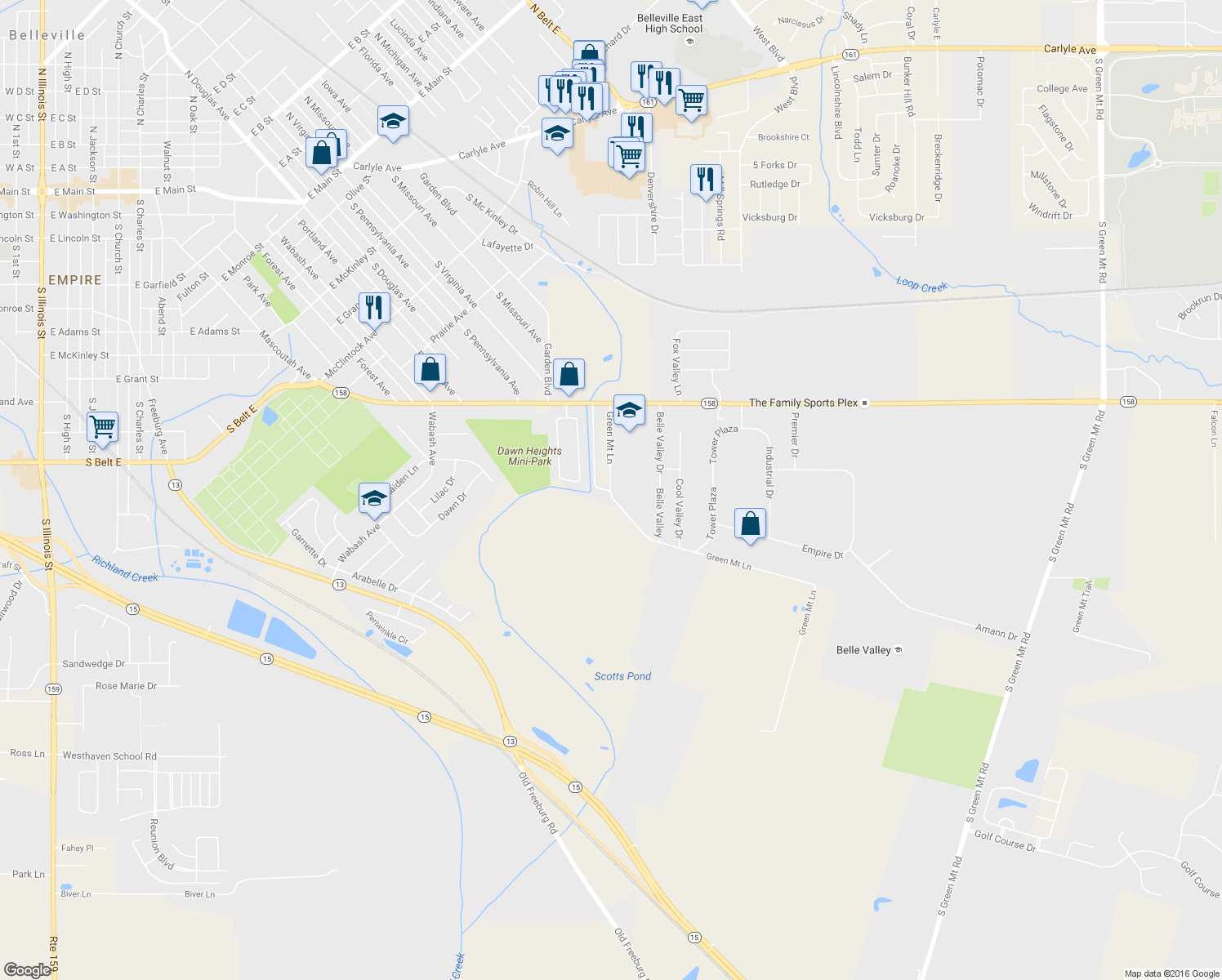 map of restaurants, bars, coffee shops, grocery stores, and more near 299 Green Mount Lane in Belleville
