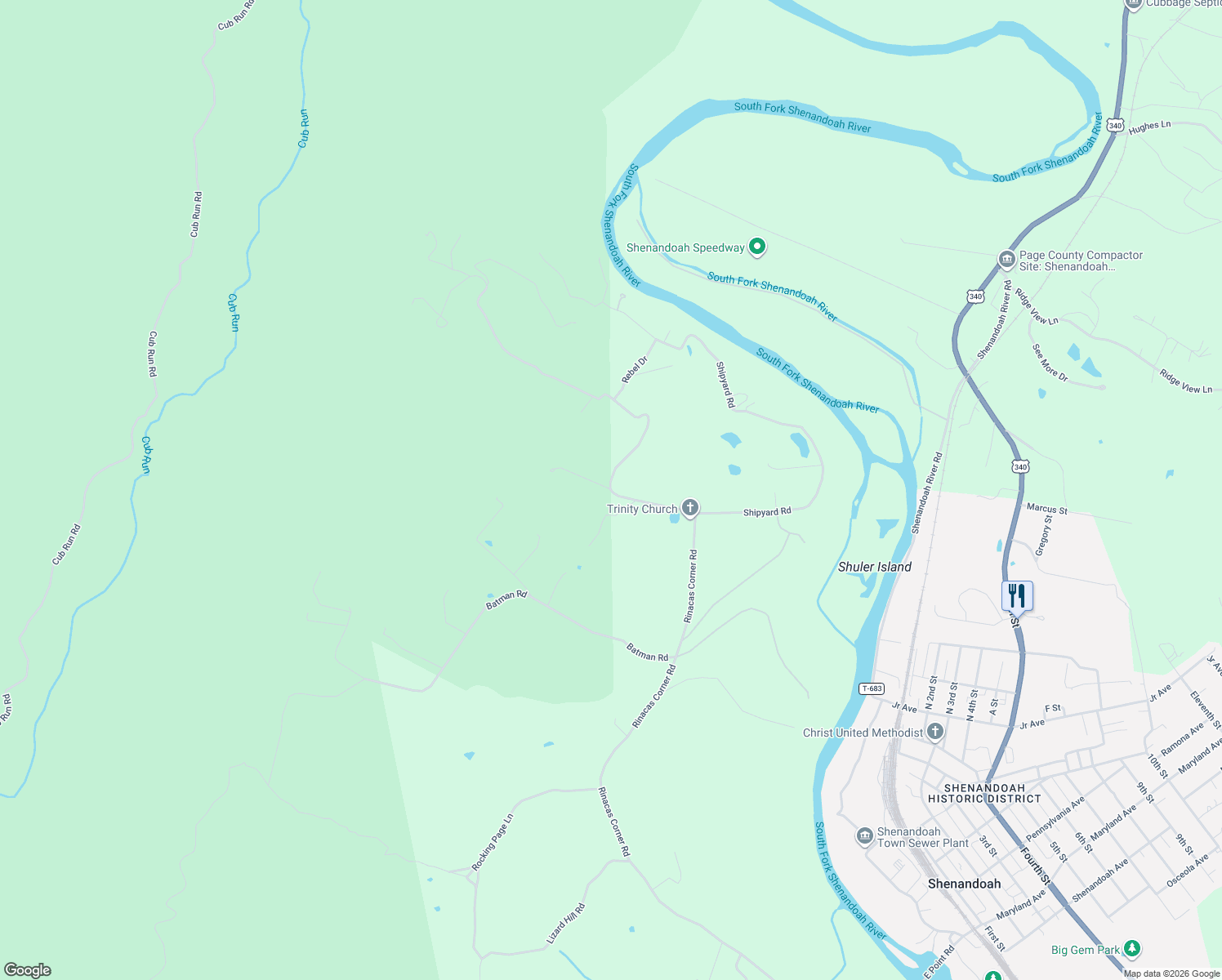 map of restaurants, bars, coffee shops, grocery stores, and more near 1272 Shipwreck Road in Shenandoah