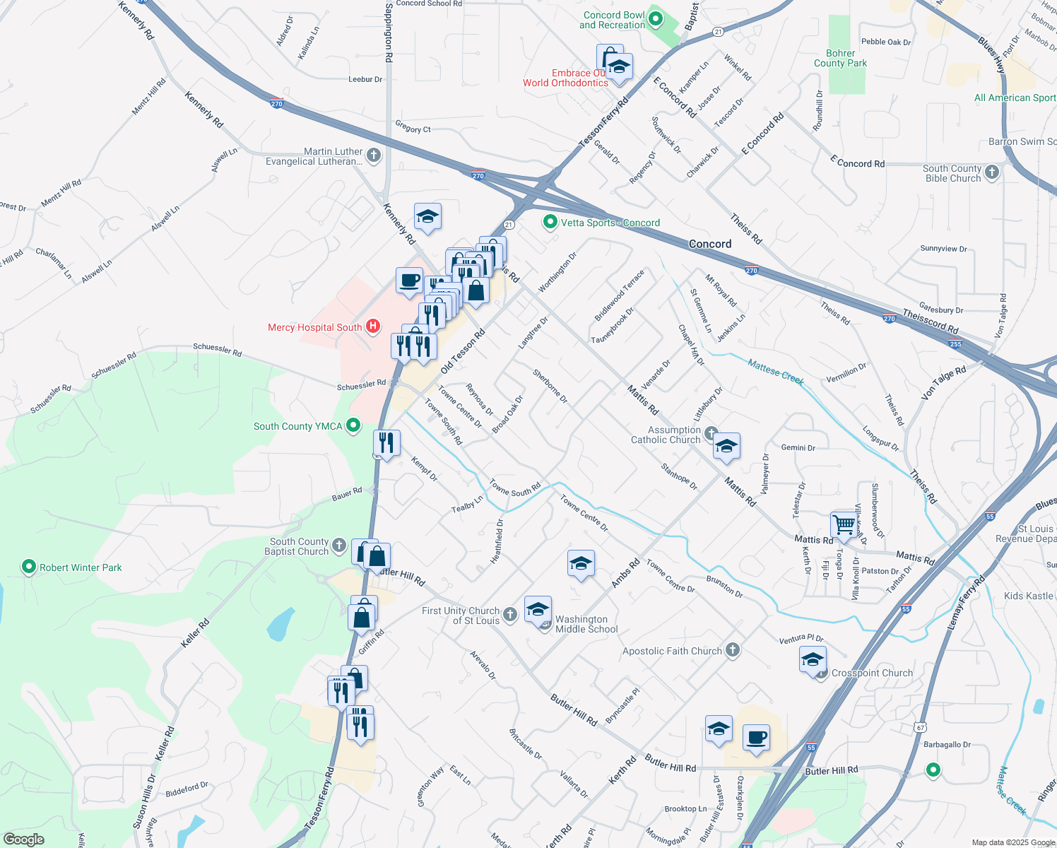 map of restaurants, bars, coffee shops, grocery stores, and more near 4960 Brockwood Drive in St. Louis