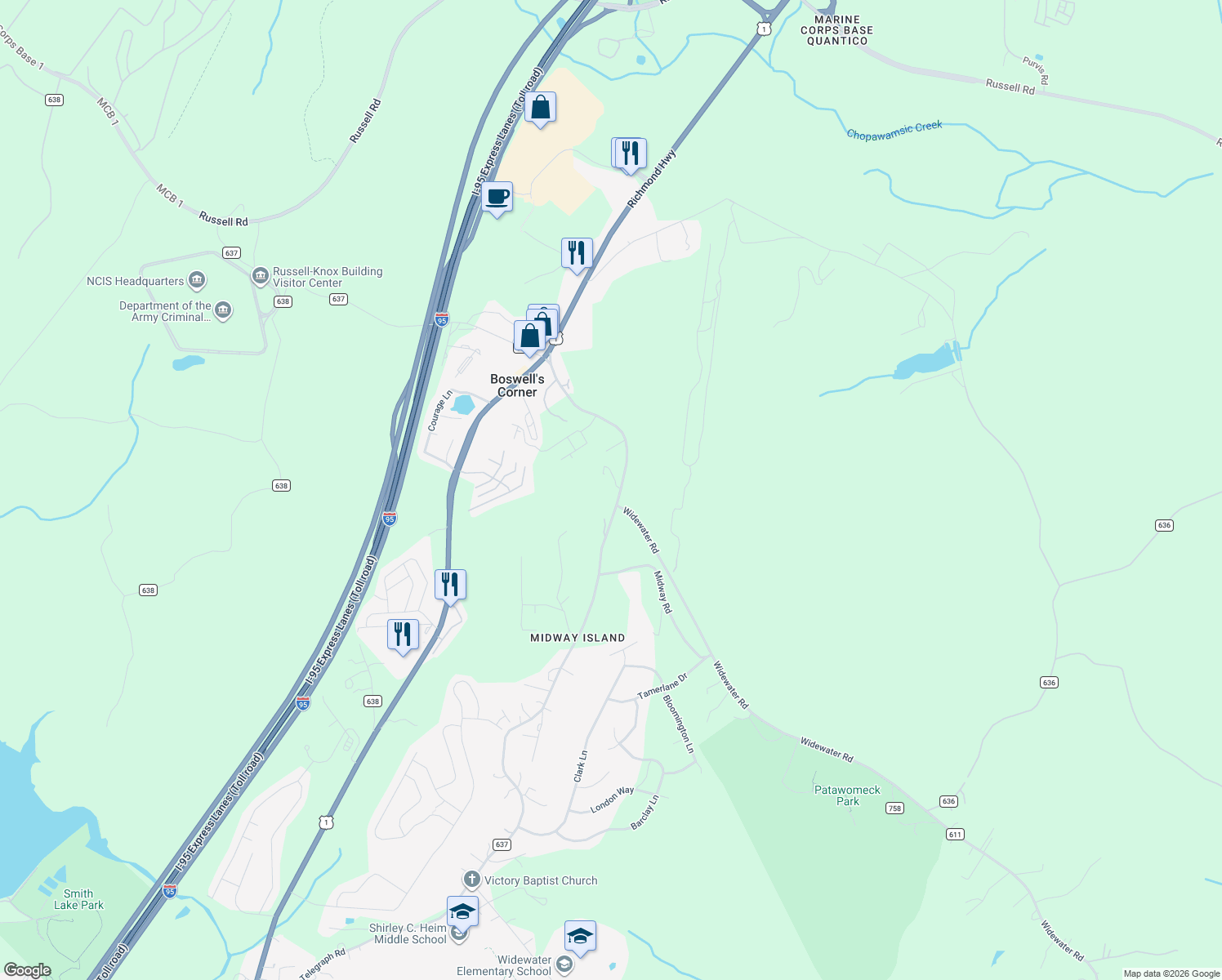 map of restaurants, bars, coffee shops, grocery stores, and more near 695 Telegraph Rd in Stafford