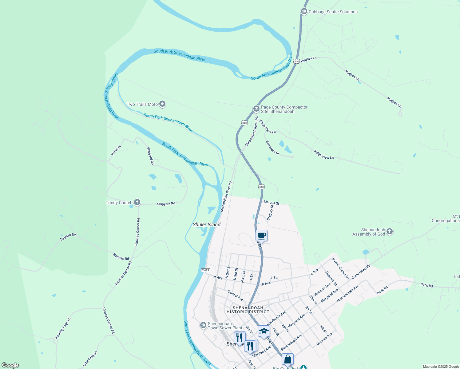 map of restaurants, bars, coffee shops, grocery stores, and more near Shenandoah River Road in Shenandoah