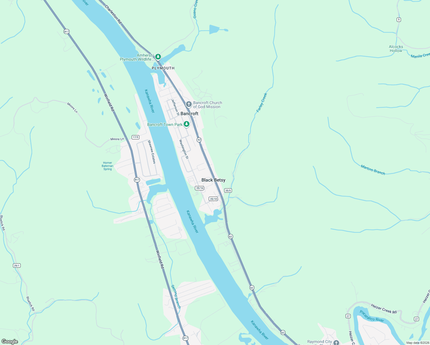 map of restaurants, bars, coffee shops, grocery stores, and more near 5300 Charleston Road in Poca