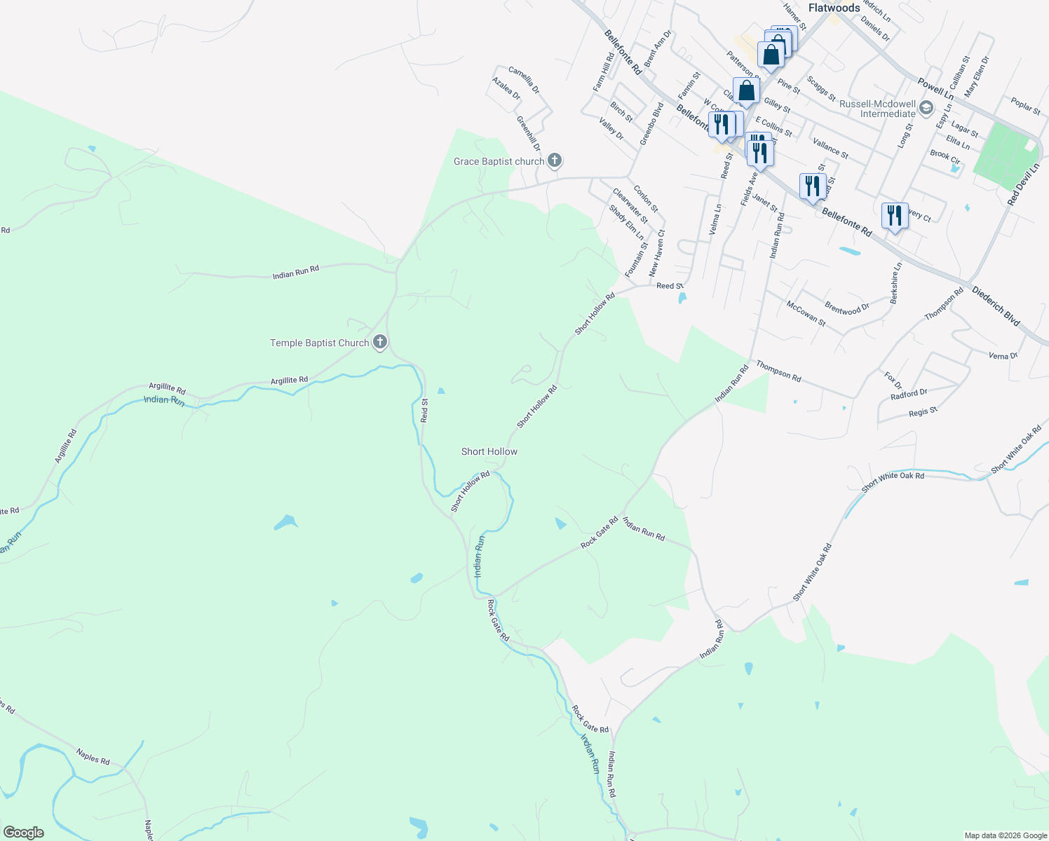 map of restaurants, bars, coffee shops, grocery stores, and more near Short Hollow Rd in Flatwoods