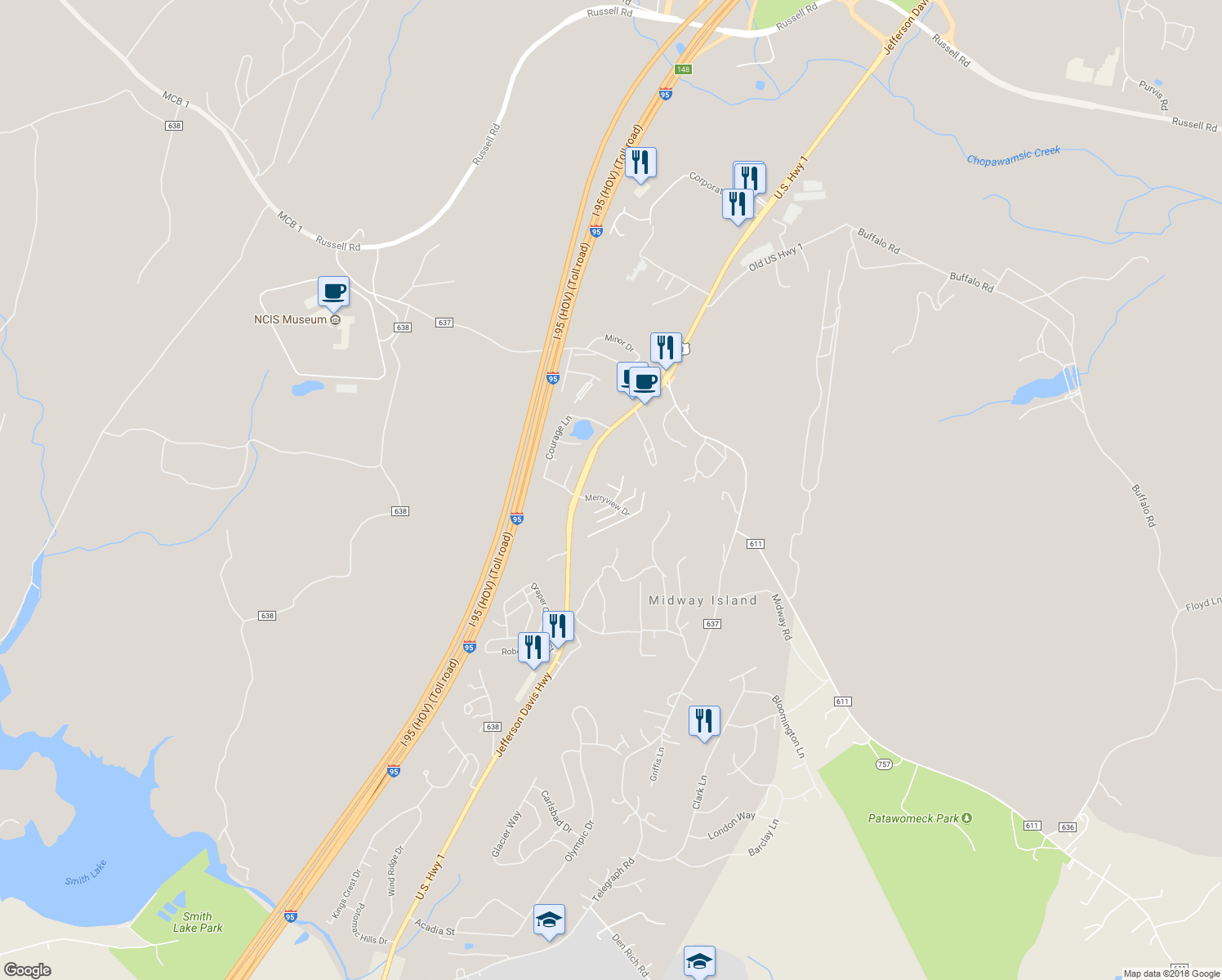 map of restaurants, bars, coffee shops, grocery stores, and more near 107 Barrett Court in Stafford