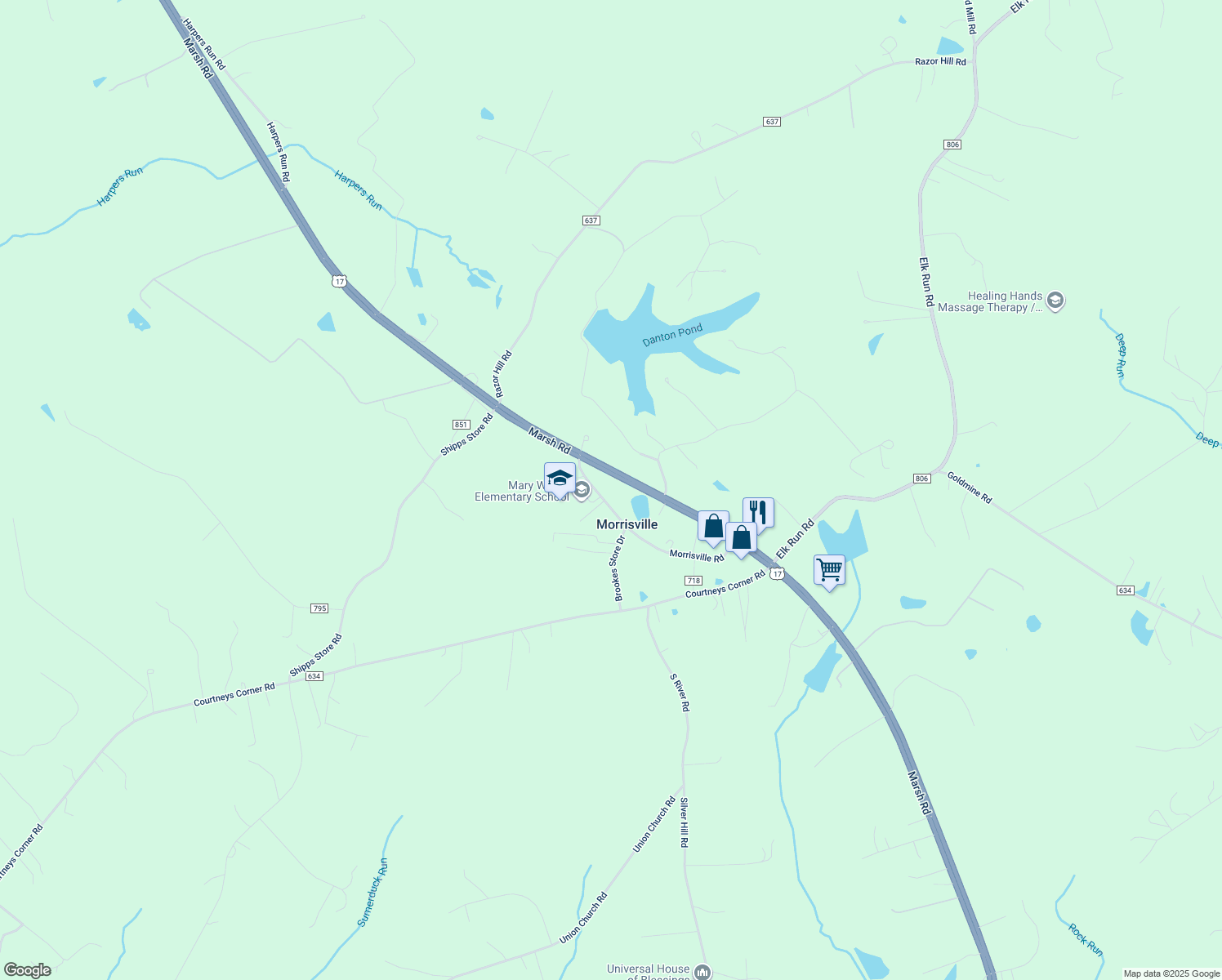 map of restaurants, bars, coffee shops, grocery stores, and more near 4520 Morrisville Road in Bealeton