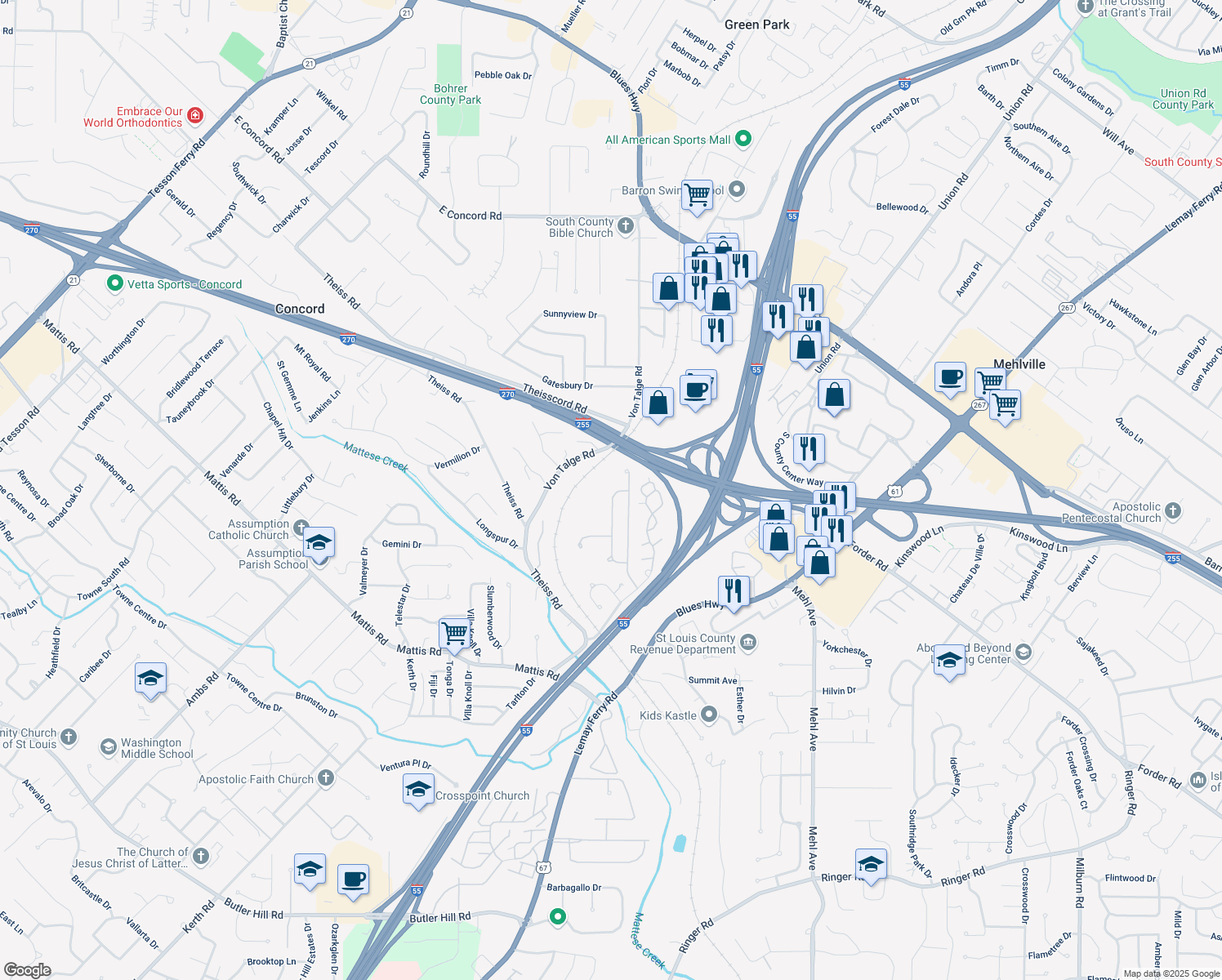 map of restaurants, bars, coffee shops, grocery stores, and more near 4515 Southridge Meadows Drive in St. Louis
