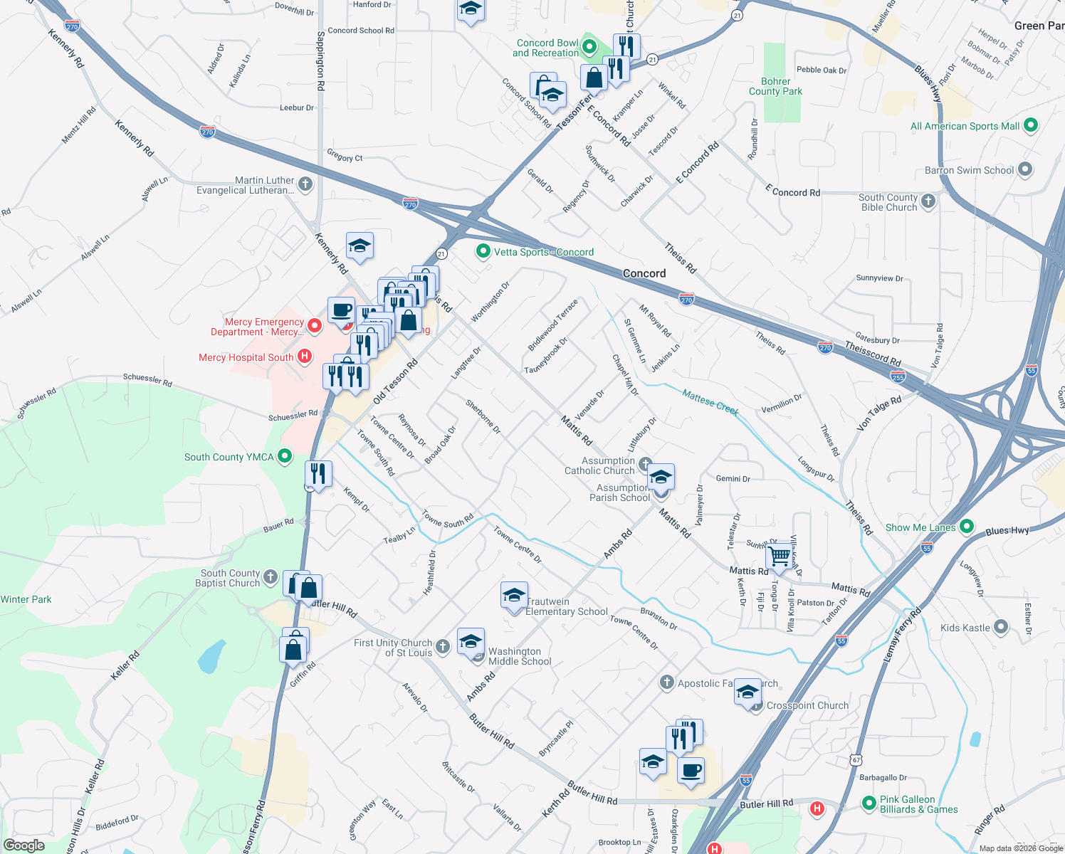 map of restaurants, bars, coffee shops, grocery stores, and more near 4749 Towne South Road in Saint Louis